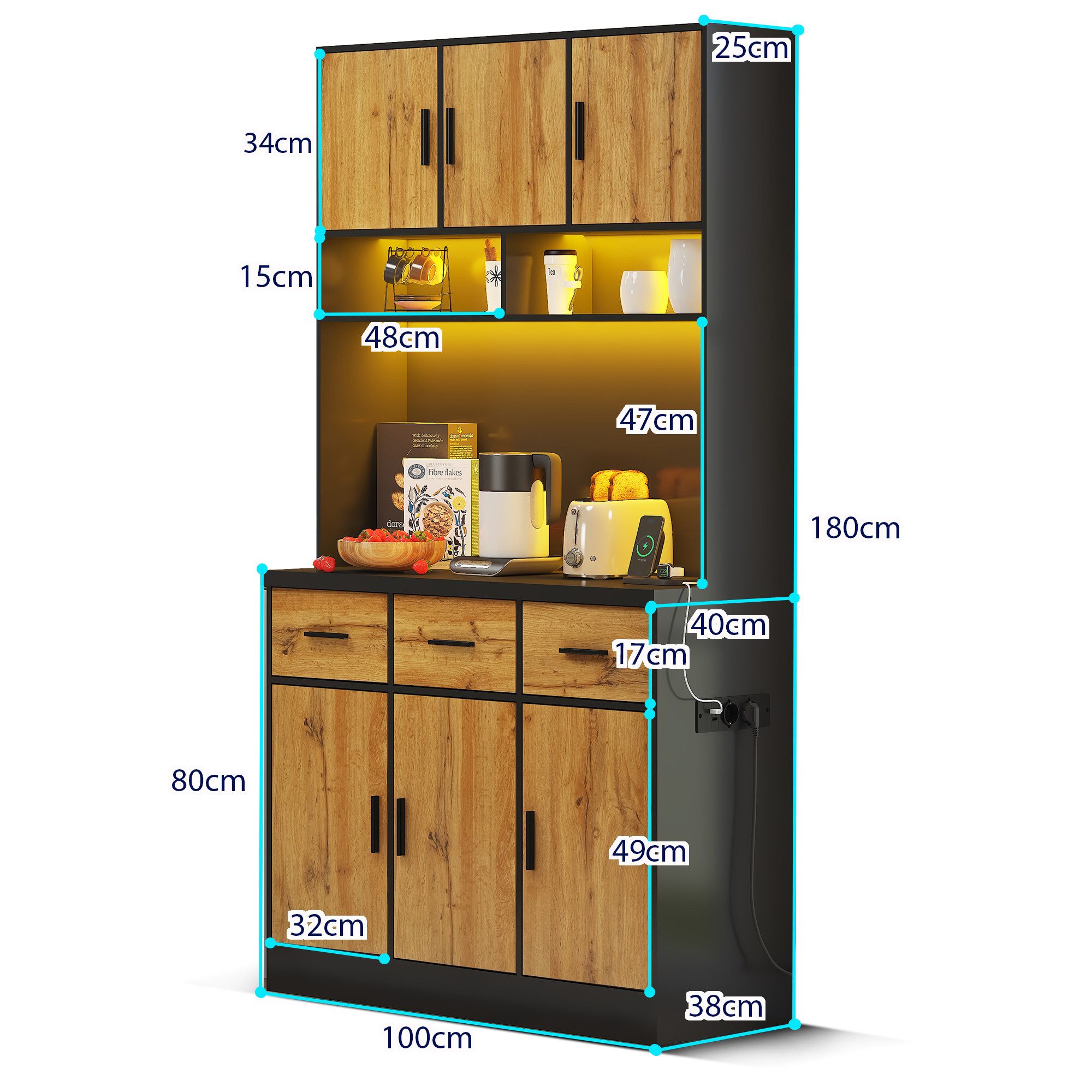 Flieks Küchenbuffet mit LED-Beleuchtung und Steckdosen (1-St., 100x40x180cm) Hochschrank Küchenschrank Geschirrschrank mit verstellbare Ablagen – Bild 4 von 5