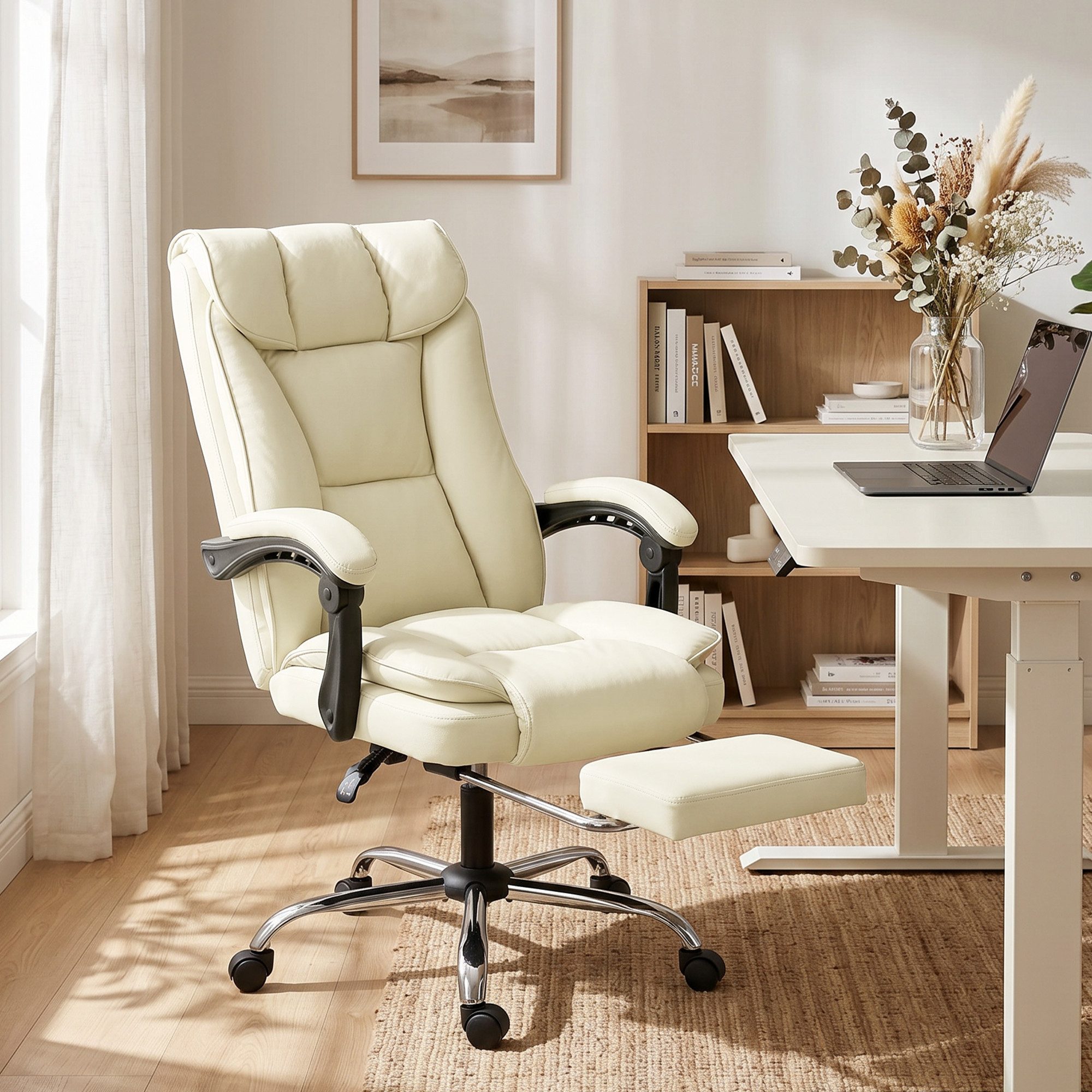 HOMCOM Schreibtischstuhl Bürostuhl ergonomisch, verstellbare Rückenlehne, Computerstuhl (Drehstuhl, 1 St), für Arbeitszimmer, Büro, Beige