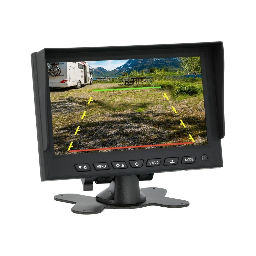 VSG24 7" Rückfahrmonitor TRAVELER mit justierbaren Parklinien für Wohnmobile Rückfahrkamera (schlankes Design, 2 Kameraeingänge, Audio, Blendschutz, für 12V-32V)