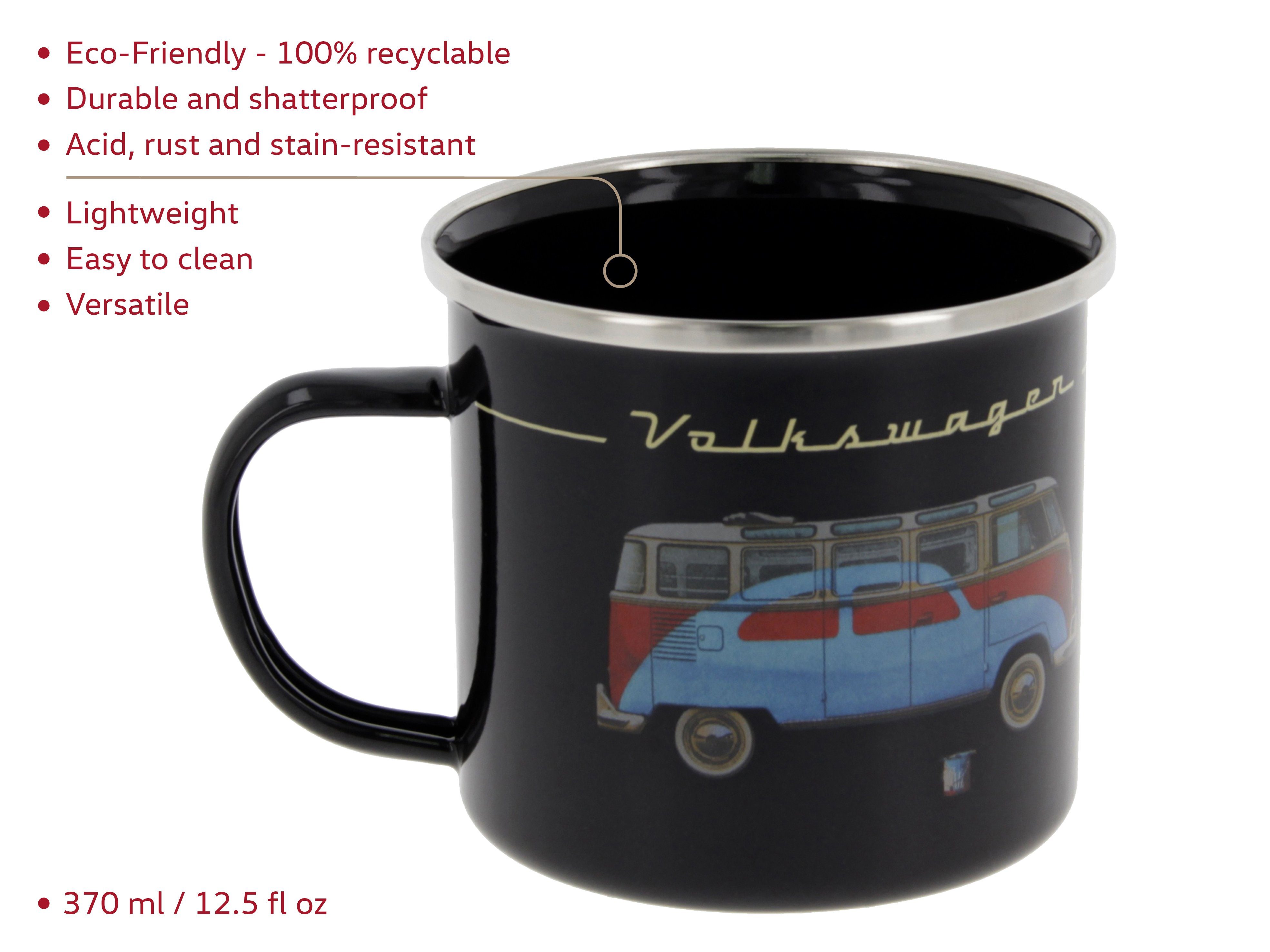 Farben in Designs Volkswagen Kaffee-Tee-Tasse-Becher-Haferl, Camping Bus Tasse verschiedenen by BRISA T1 und Große & & VW Collection für Outdoor Stahlblech, Käfer/Schwarz Emaille Bus