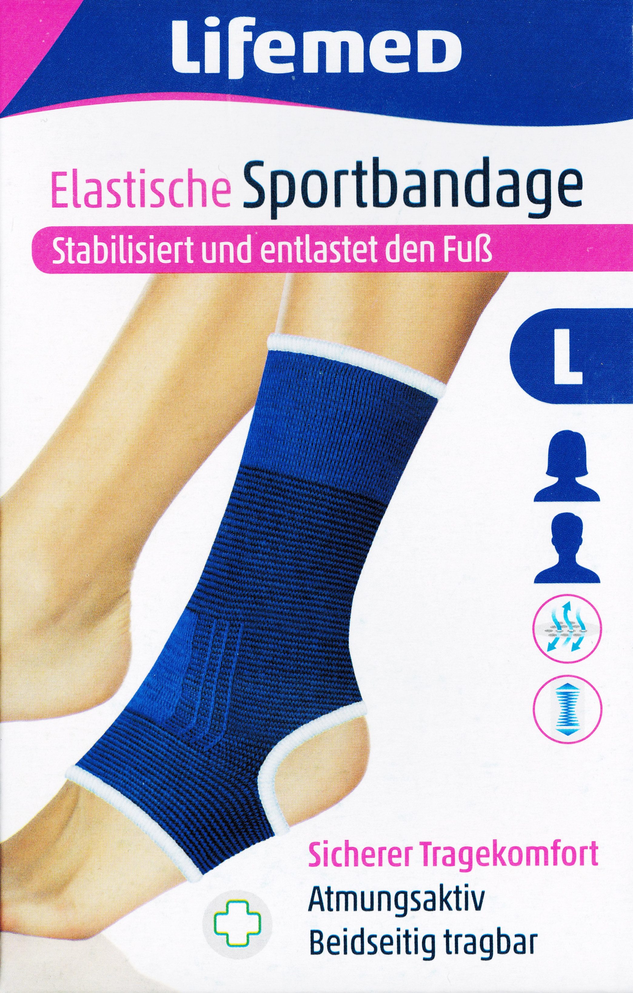 LifeMed Fußbandage FUßBANDAGE elastisch Sprunggelenkbandage Knöchelstütze (Größe L - 21), blau Fußgelenk Bandage Sportbandage Sport Fitness Training