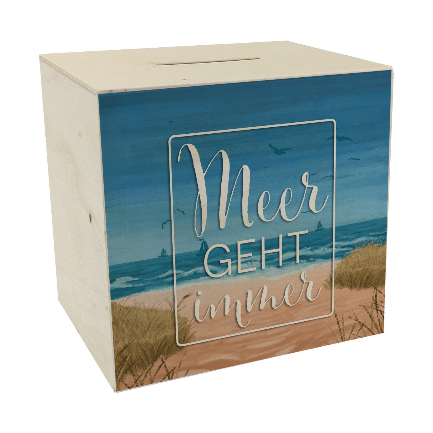 Spardose Meer geht immer Spardose aus Holz mit Urlaubsmotiv