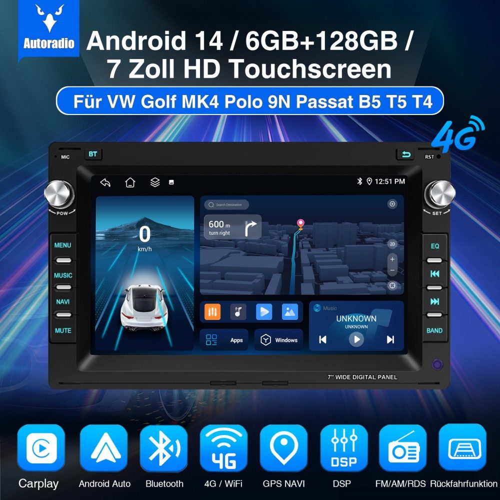 ESSGOO 6+128G 8-Kern Für VW Polo 9N Golf 4 Passat B5 T5 Android 14 Autoradio Autoradio (RDS, Digitalradio (DAB), FM, AM, 4G LTE DSP Carplay Android Auto Navi)