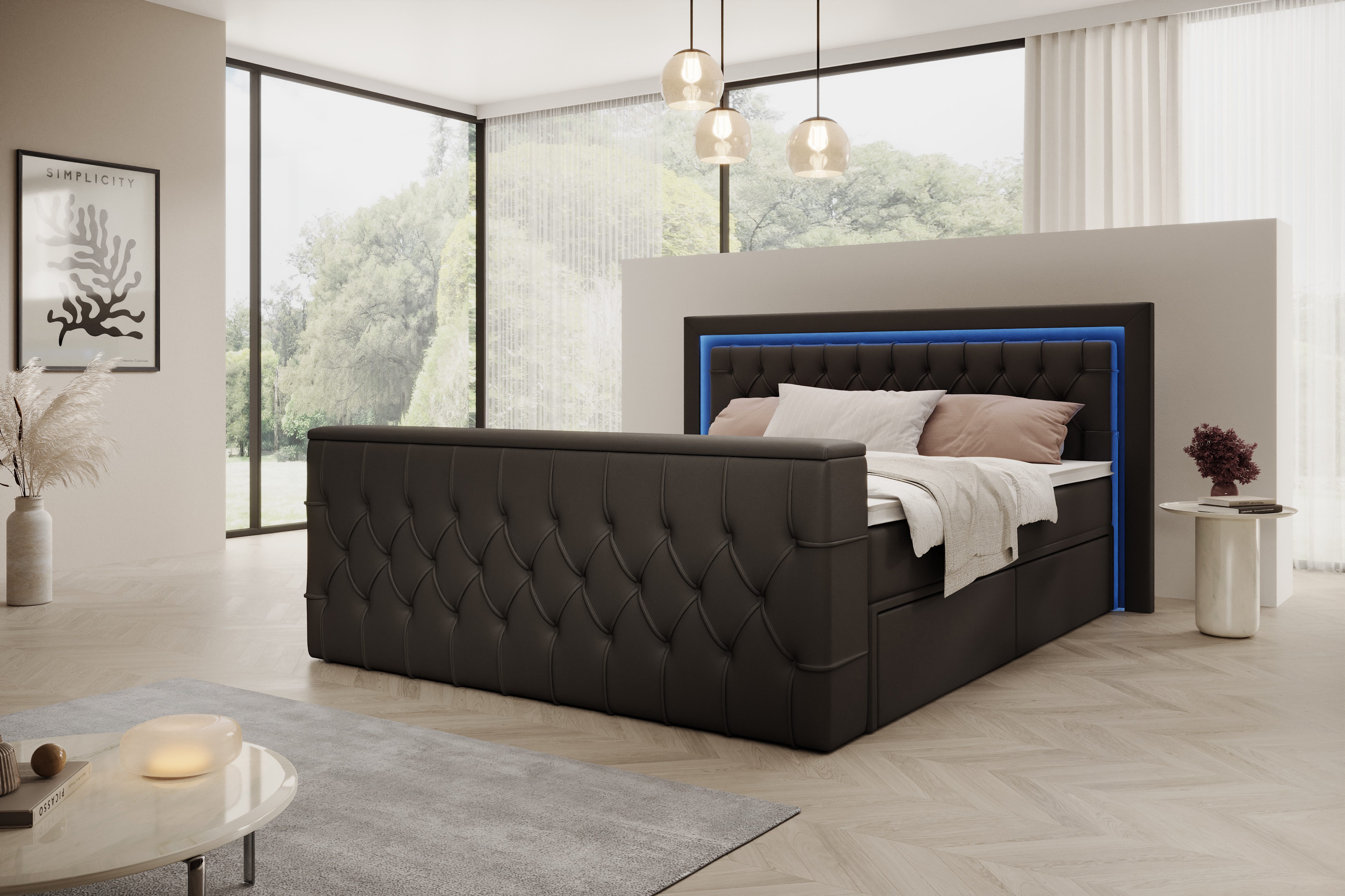 PROMETO Möbel Boxspringbett Doppelbett 180x200 mit Matratze, Schubladen TV-Lift LED Beleuchtung, inkl. 7-Zonen-Taschenfederkernmatratze, TV-Lift im Fußteil, Topper