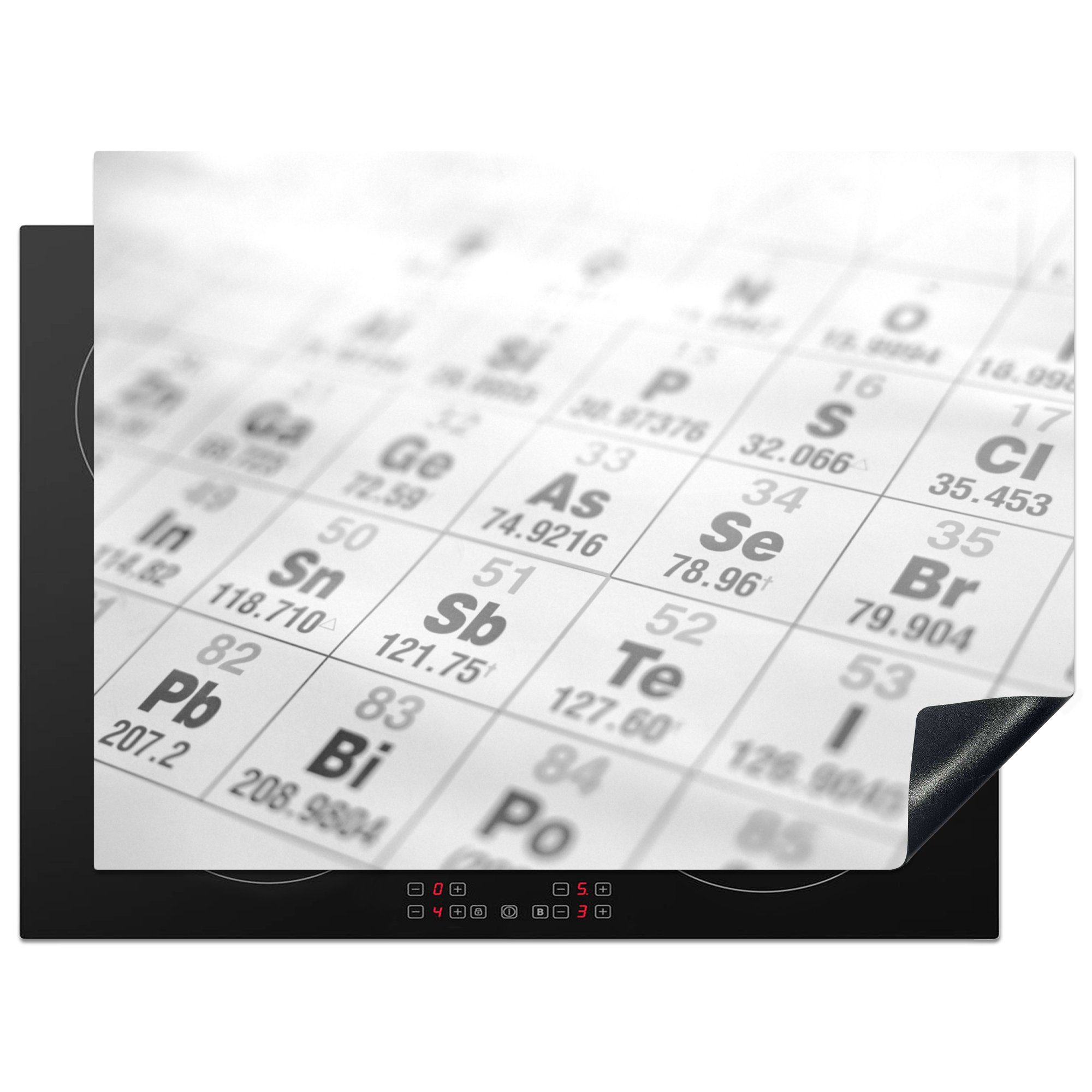 MuchoWow Herdblende-/Abdeckplatte Periodensystem auf einem Blatt Papier - schwarz und weiß, Vinyl, (1 tlg), 70x52 cm, Mobile Arbeitsfläche nutzbar, Ceranfeldabdeckung