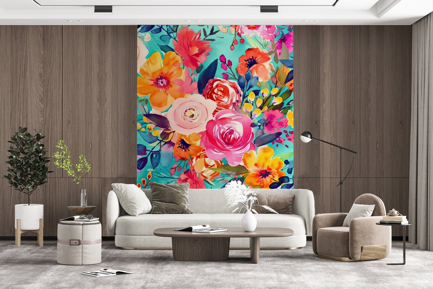MuchoWow Wohnzimmer, Blumen (4 bedruckt, Vinyl Wandtapete Fototapete Natur, - Ölfarben St), Tapete für Montagefertig - Matt,