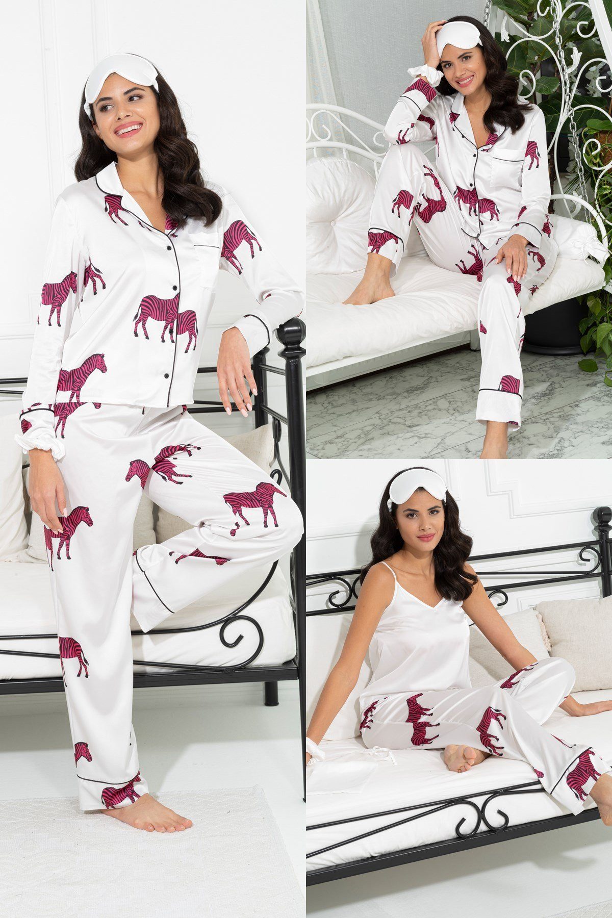 For You Moda Schlafanzug 6-teiliges Zebra-Print Ecru Satin Pyjama-Set günstig online kaufen