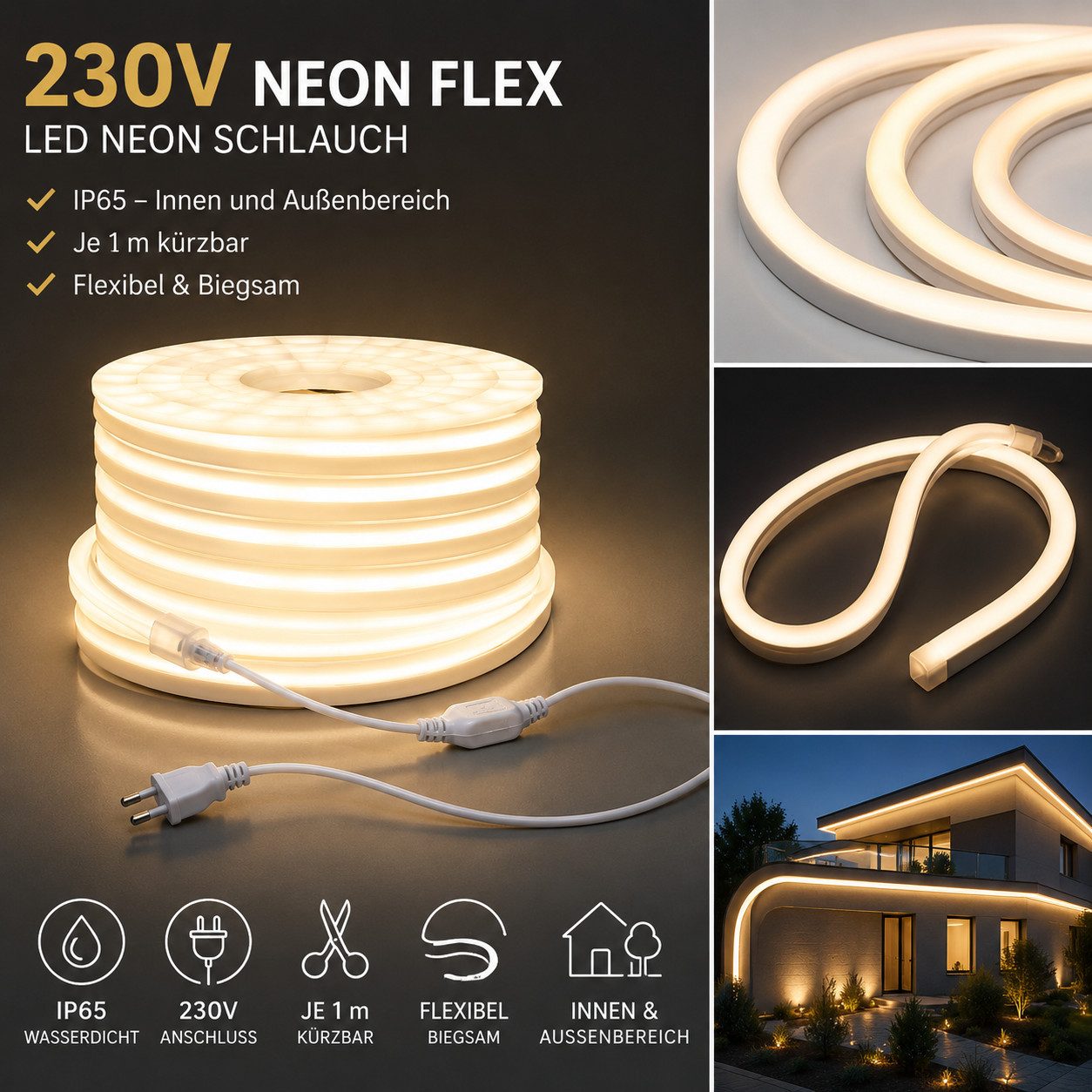 GTV LED Stripe 230V LED Neon Flex Lichtschlauch in Wunschlänge IP65 Innen & Außen, 230V LED Neon Flex IP65 Je 1 Meter kürzbar 15 × 8 mm 3000K WW