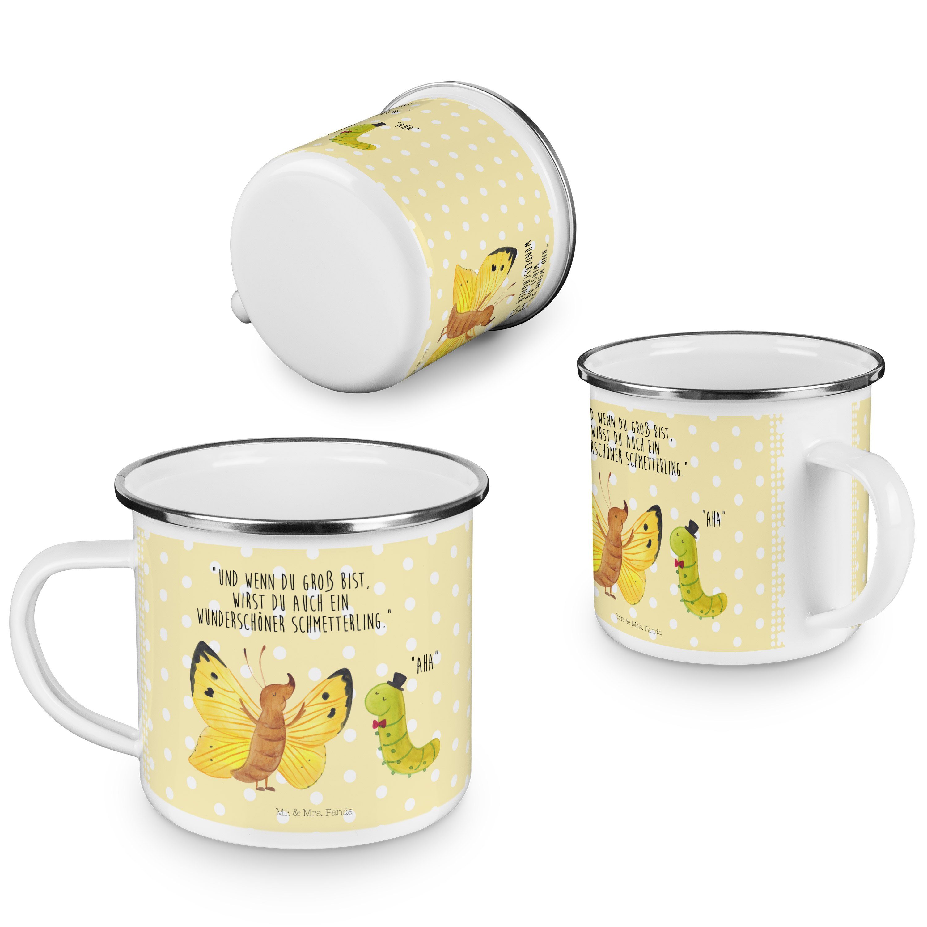 Mr. & Mrs. Panda Schmetterling Geschenk, Gelb & Raupe Sc, Erwachsen - - werden, Pastell Becher Emaille