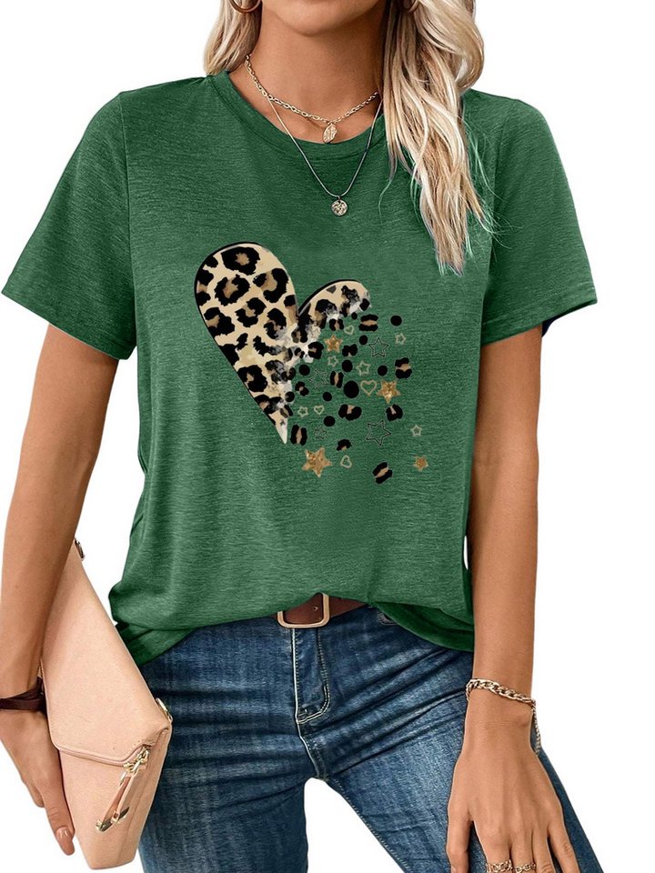 PYLIKE Kurzarmshirt Damen bequemes Sommer Kurzarmbluse Locker Leopardenherz Print-Shirt Bequem für Freizeit und Büro