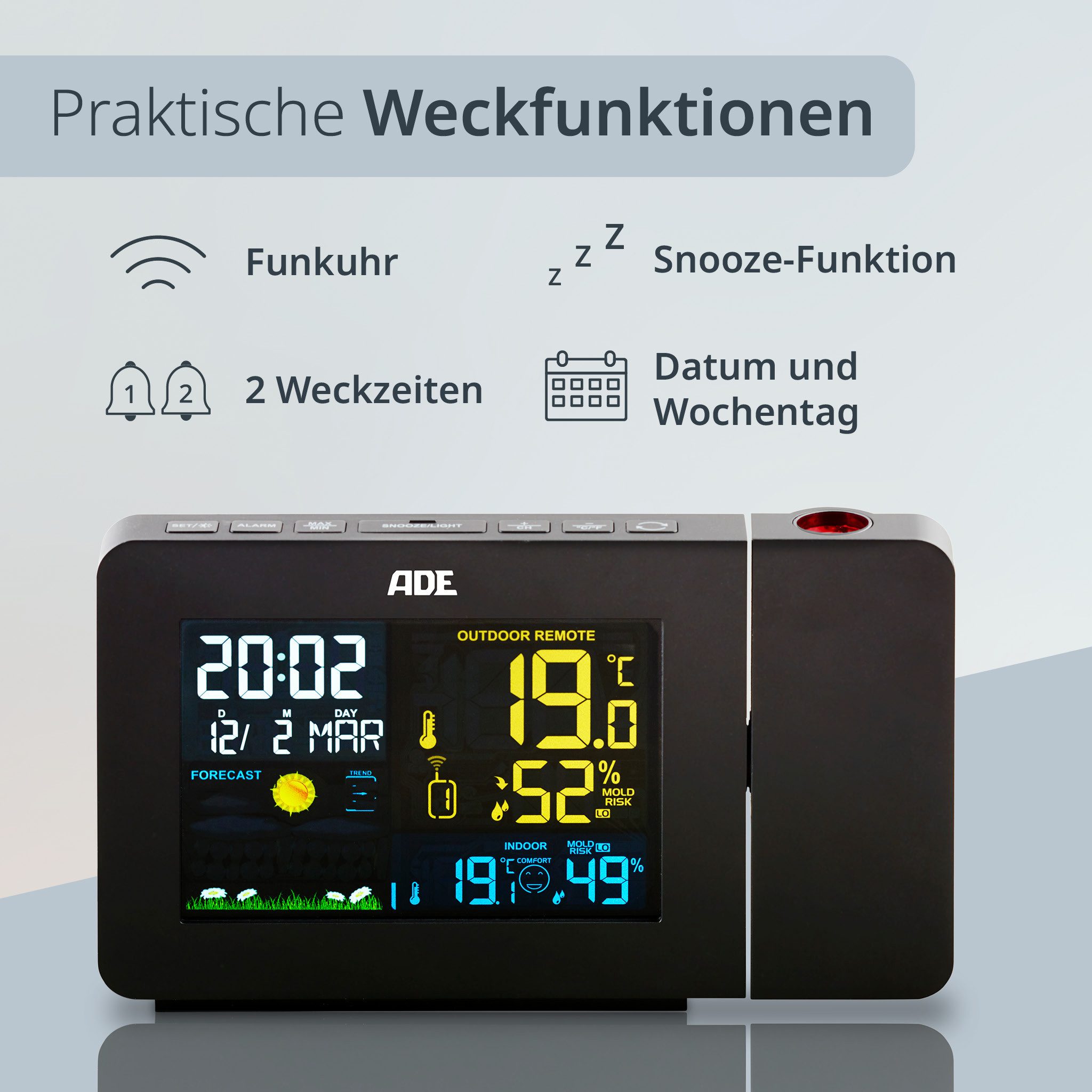 ADE WS1911 Wetterstation (Wetterstation mit Projektion und Funk-Außensensor) – Bild 5 von 5