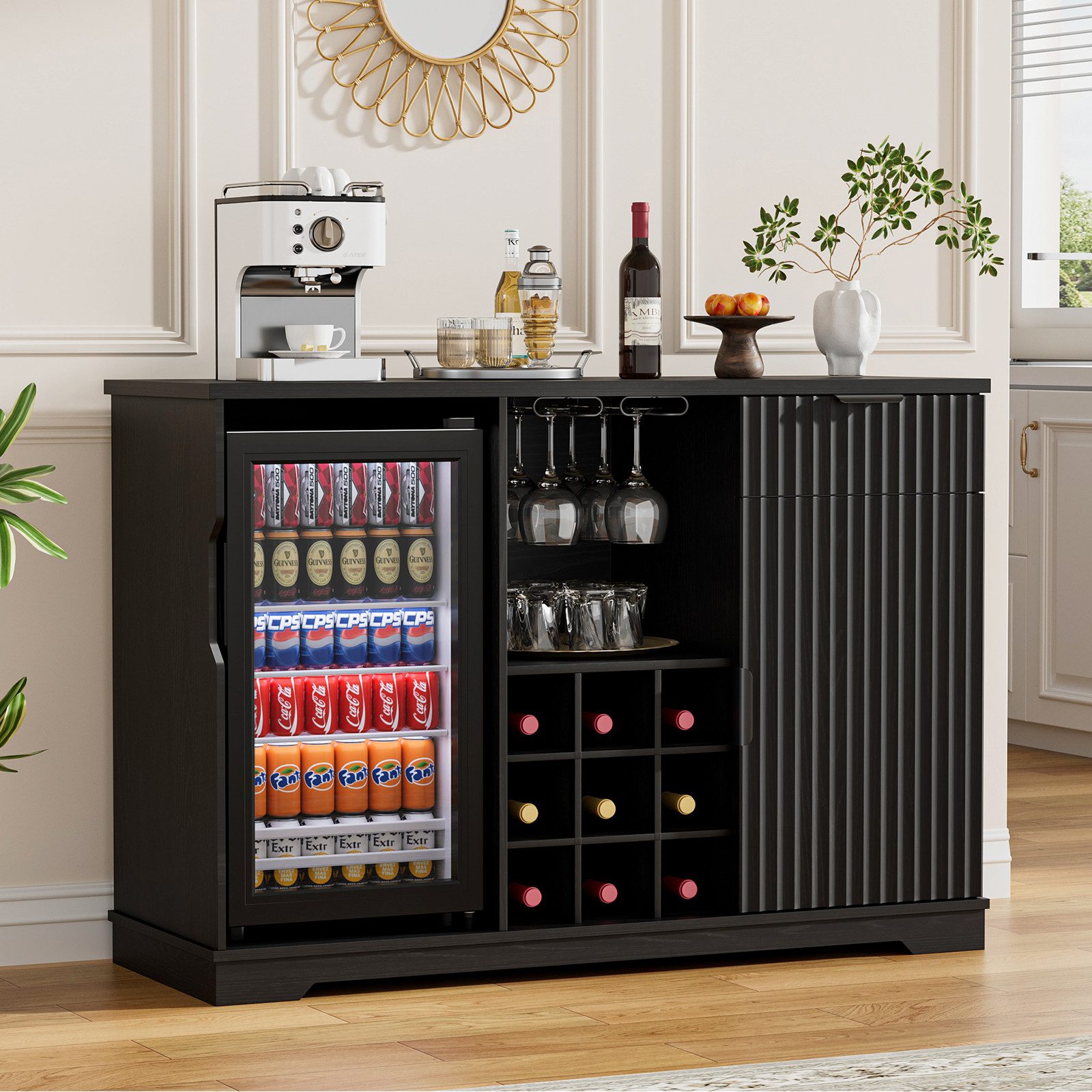 BROTTAR Weinschrank Barschrank mit Kühlschrank inklusive - Weinbar mit Gläserhalter Weinregal Schublade und Stauraum im Riffeldesign