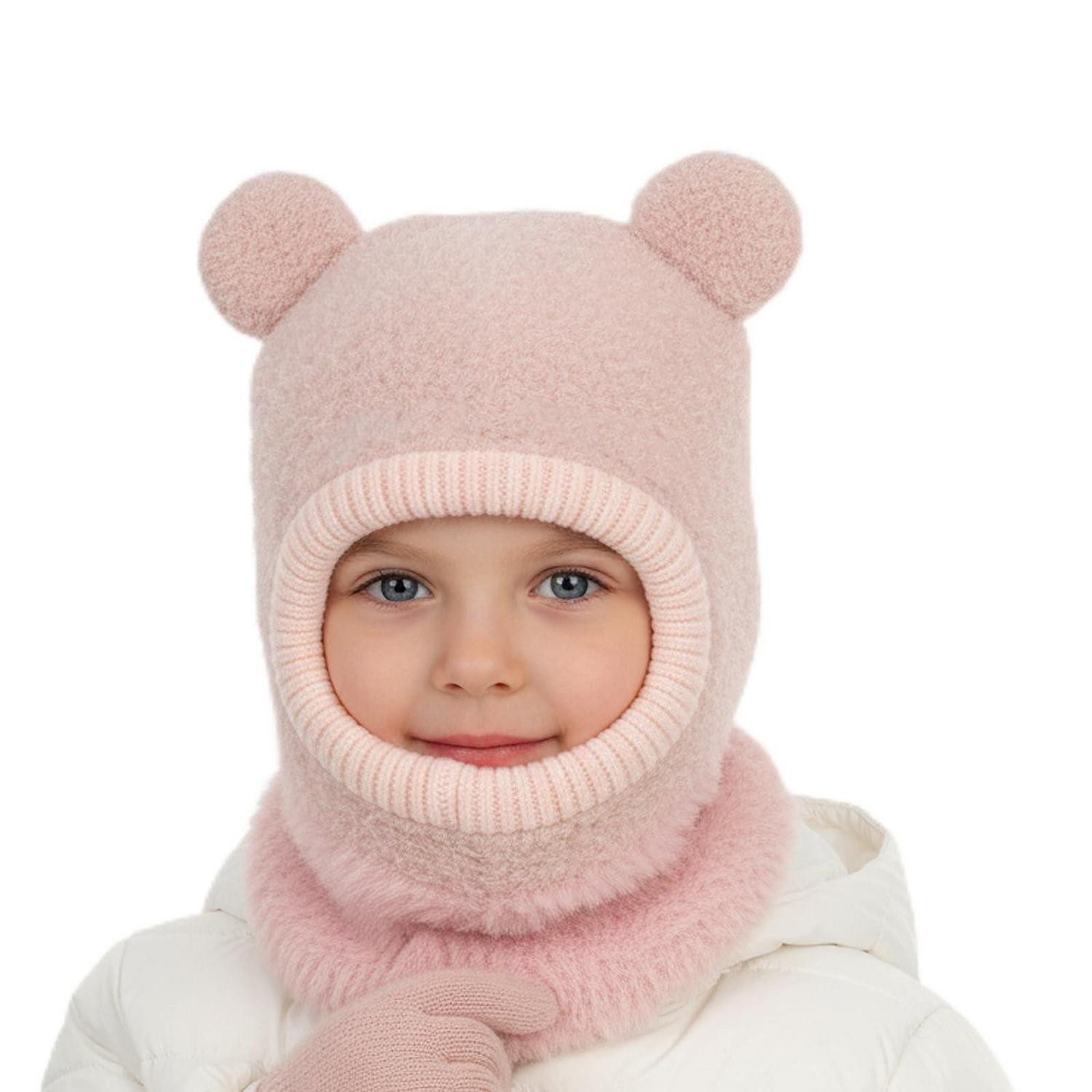 Sturmhaube Schlupfmütze Winter Kinder Mädchen Jungen Fleece Bommel Rosa
