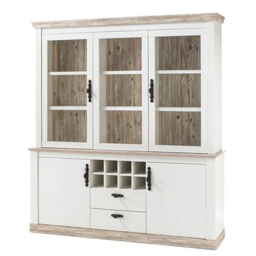 Lomadox Buffet FERNA-61 Pinie weiß und Oslo dunkel Nb. inkl. LED 184x205x44cm