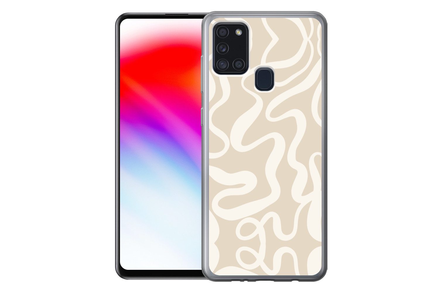 MuchoWow Handyhülle für Samsung Galaxy A21s Linien - Abstrakt - Beige - Weiß - Minimalisti, Smartphone-Bumper, Print, Handy Schutzhülle Dünn