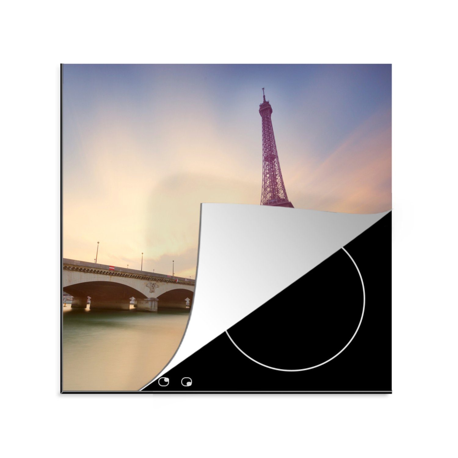 MuchoWow Herdblende-/Abdeckplatte Eiffelturm an der Uferpromenade, Vinyl, (1 tlg), 78x78 cm, Ceranfeldabdeckung, Arbeitsplatte für küche