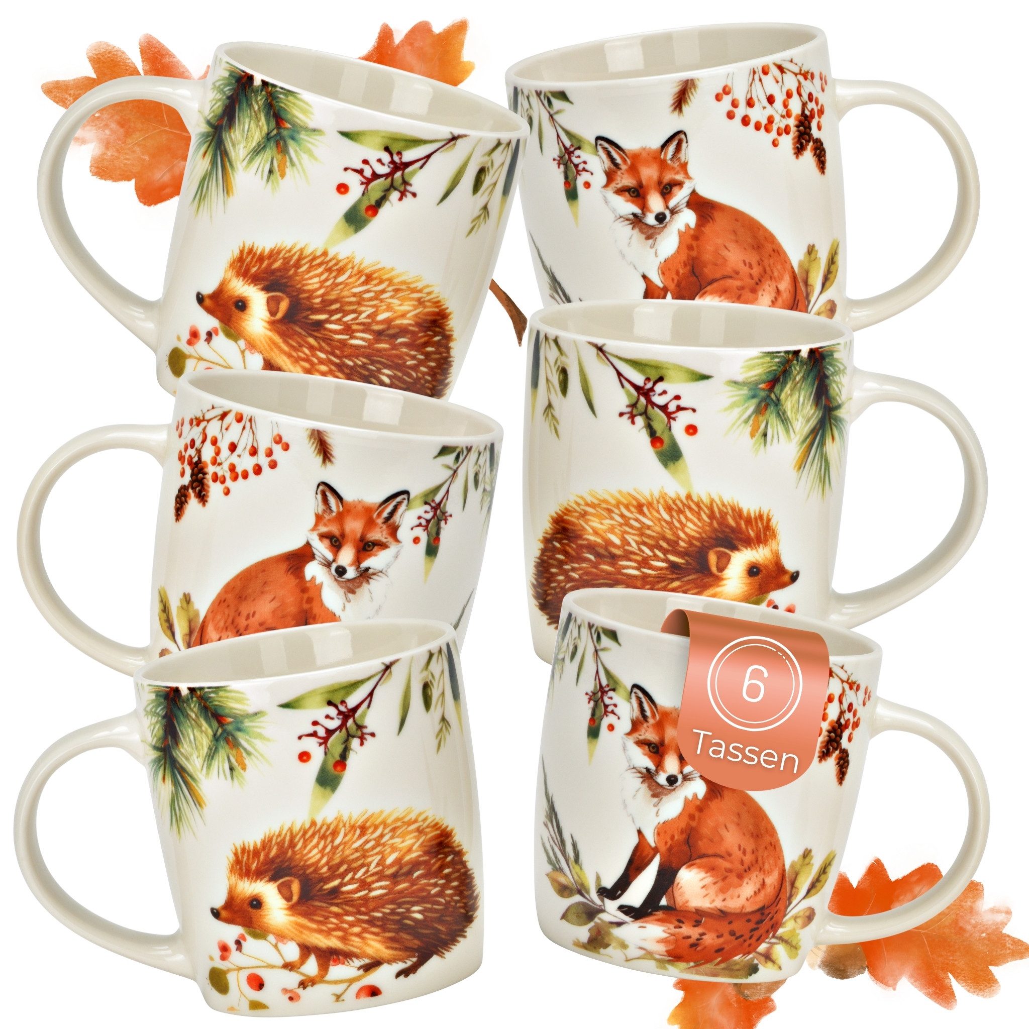 matches21 HOME & HOBBY Tasse Herbst Tassen 6er Set Fuchs & Igel, 350 ml Kaffeetasse aus Porzellan, 6-tlg., Porzellan, Spülmaschinenfeste & Mikrowellengeeignete Teetasse