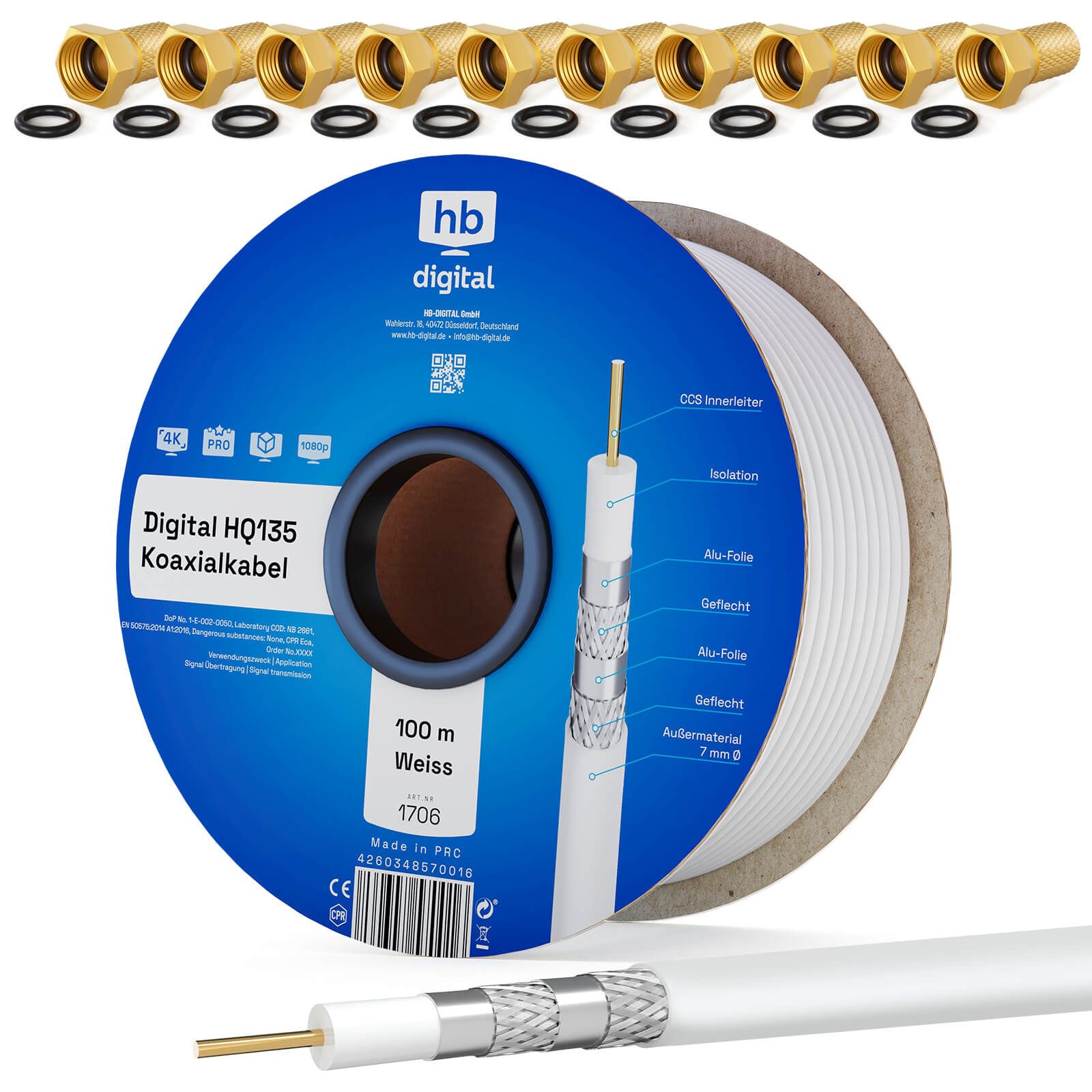 HB-DIGITAL Koaxialkabel 100m HQ 135dB 4 Fach geschirmt Stahl Kupfer 10x F-St SAT-Kabel, F Stecker, (10000 cm), UV- Wasser und Temperaturbeständig