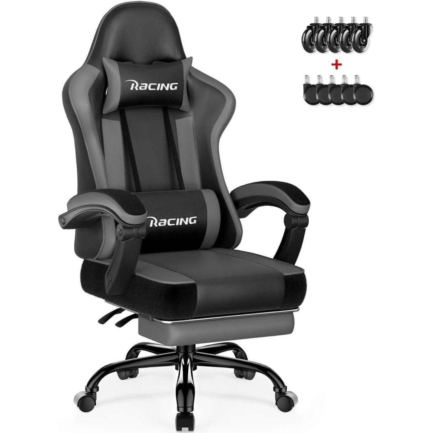 Gaming Chair Gaming Stuhl Lendenkissen Fußstütze Gummirollen Grau Mit Gummirollen