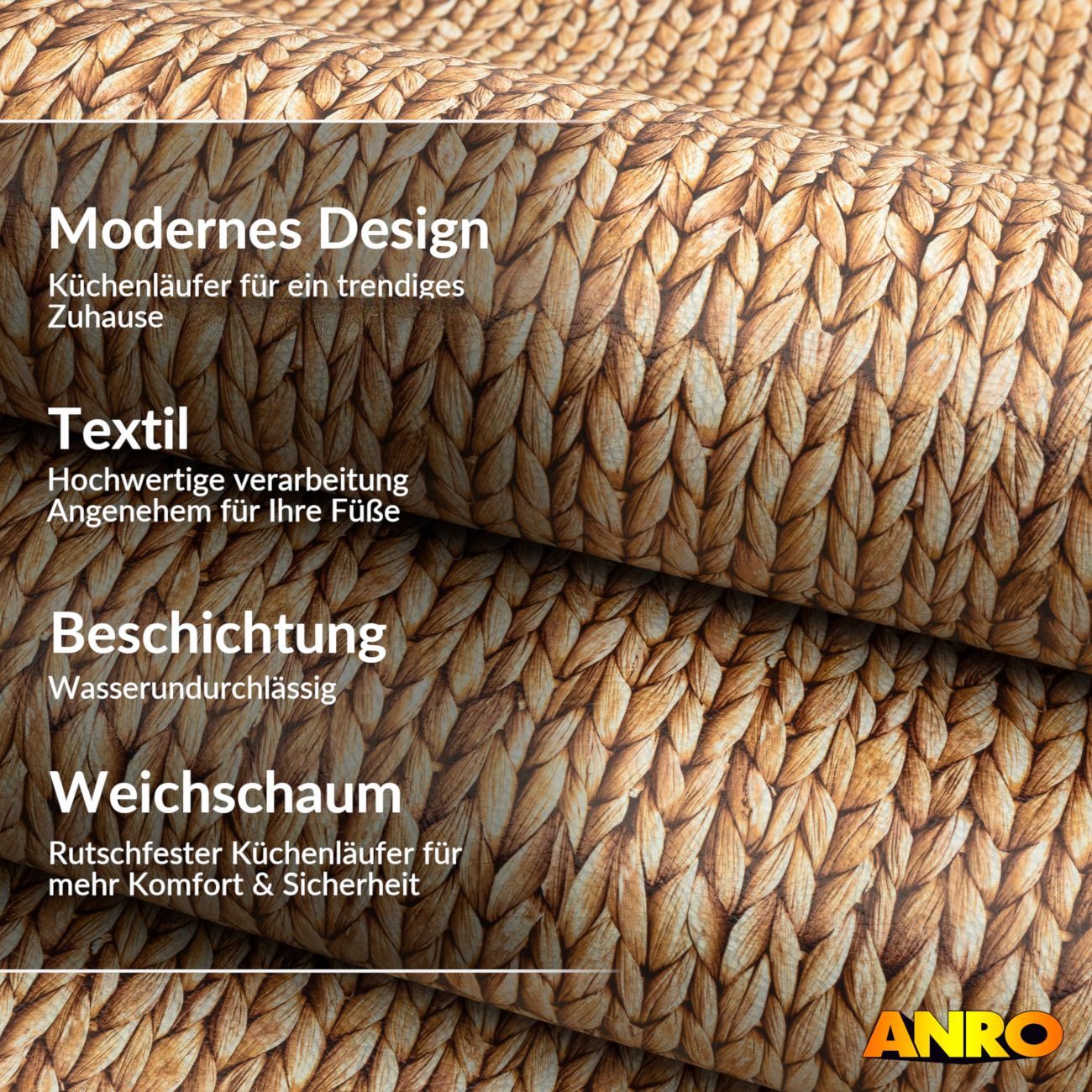 ANRO Küchenläufer abwaschbar Japan LADY Läufer pflegeleicht Küchenteppich, Rechteckig, Höhe: 3 mm, robust schmutzabweisend 67x100cm Rustikal Natur robust – Bild 2 von 5