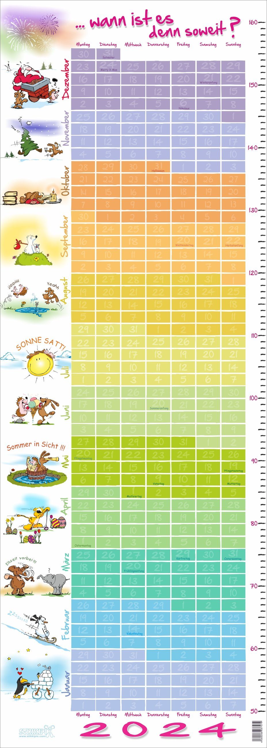 STIKKIPIX Wandkalender KK02, Kinderzimmer Kalender 2024 mit integrierter Maßtabelle/Maßband