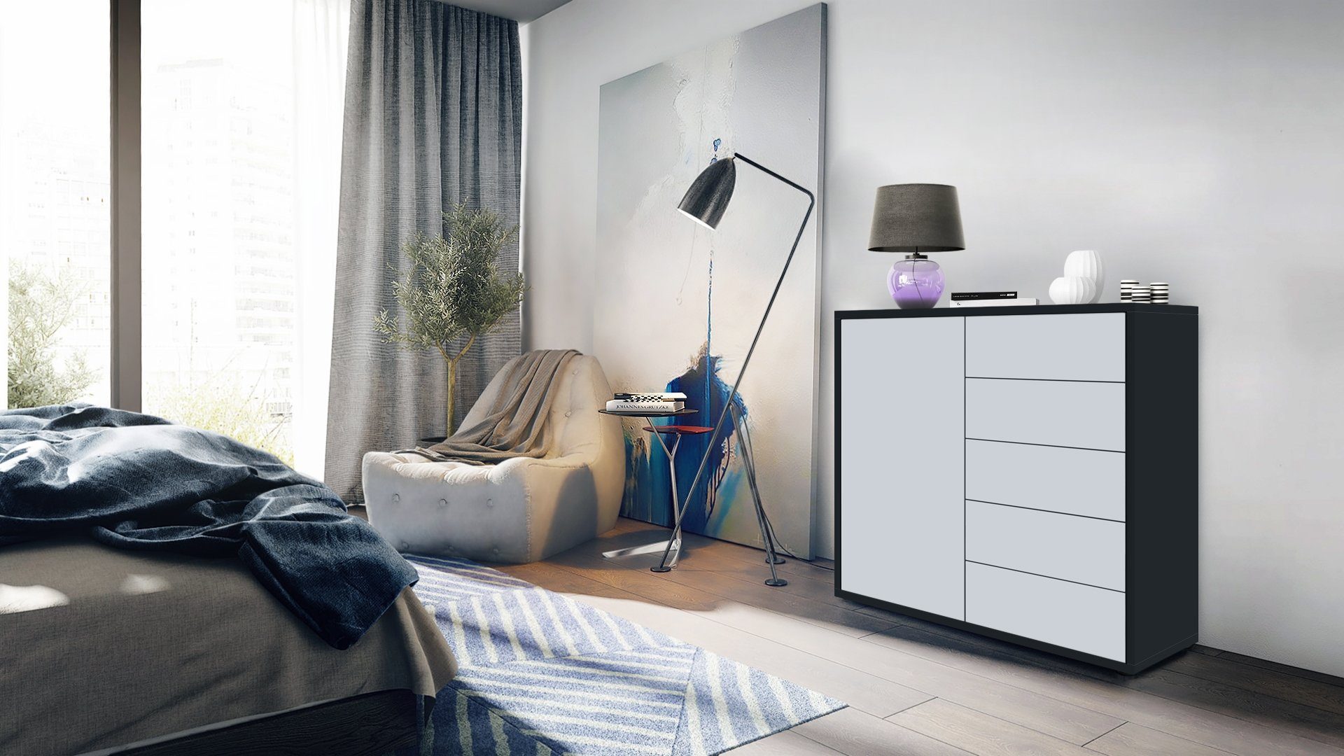 Vladon Kommode Ben V2 (Kommode, mit 1 Tür und 5 Schubladen), Schwarz matt/Weiß matt (79 x 74 x 36 cm)