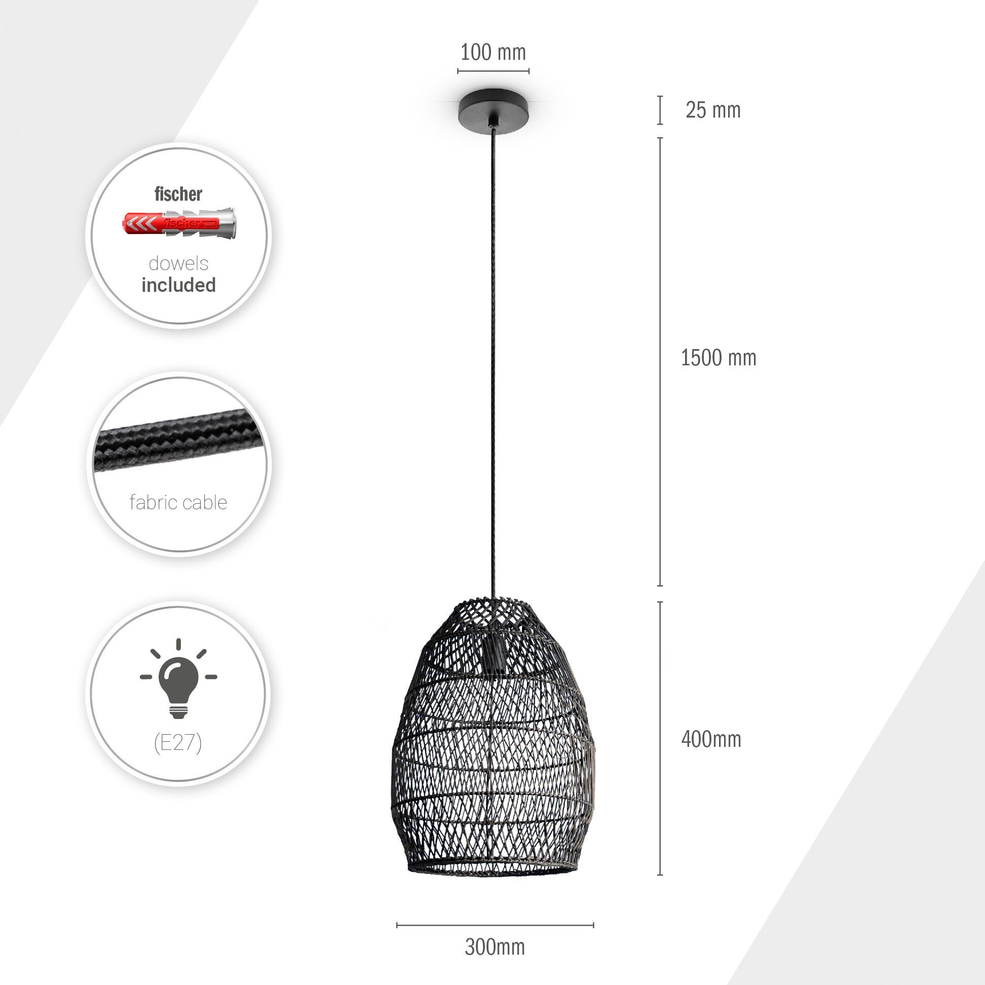 Esstisch E27 Rattan VIHMO, Leuchtmittel, Korblampen Rustikal Pendellampe Paco Home Pendelleuchte ohne Küche Boho LED