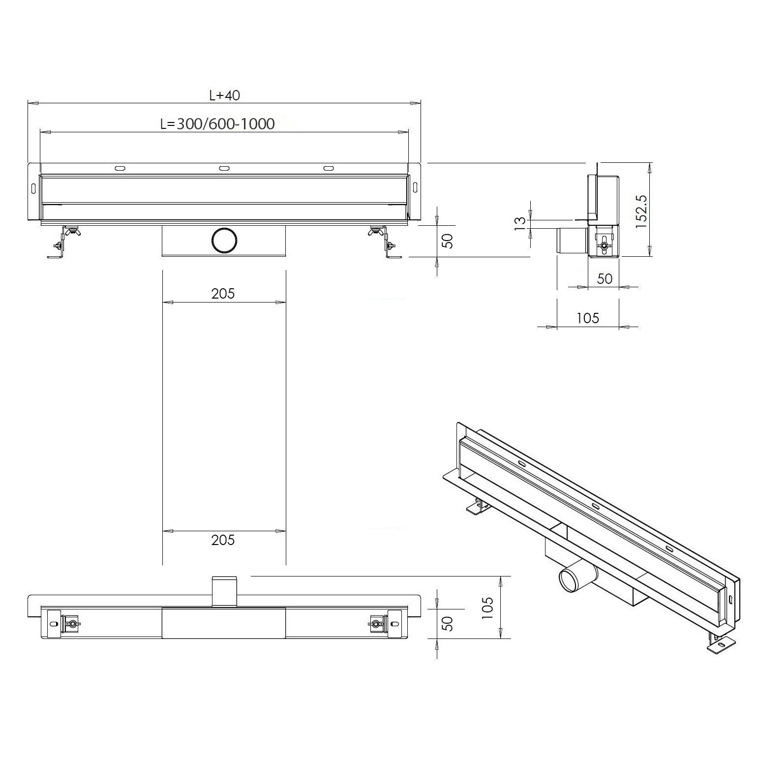 Bernstein Duschrinne WD-GT02,30 l/min, Komplett-Set, Duschablauf / Ablaufrinne / Wandablauf / Randablauf, Edelstahl / flach / Länge wählbar / Siphon / Geruchsstopp / befliesbar