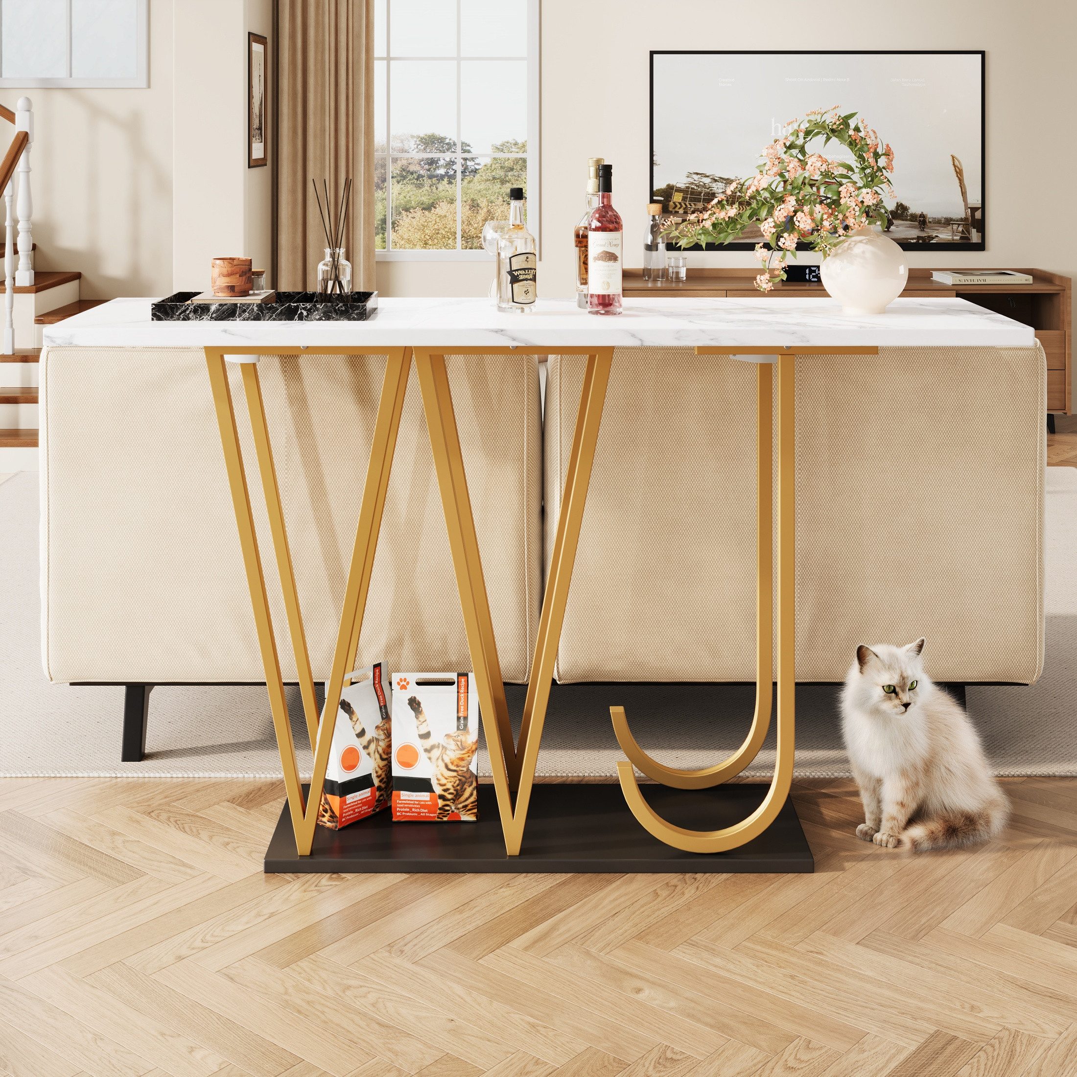 autolock Konsolentisch Flurtisch Küchentisch Balkontisch aus Holz Tischplatte mit Marmoroptik (120 x 29,5 x 80 cm), Sofatisch Esstisch für Wohn- und Flure