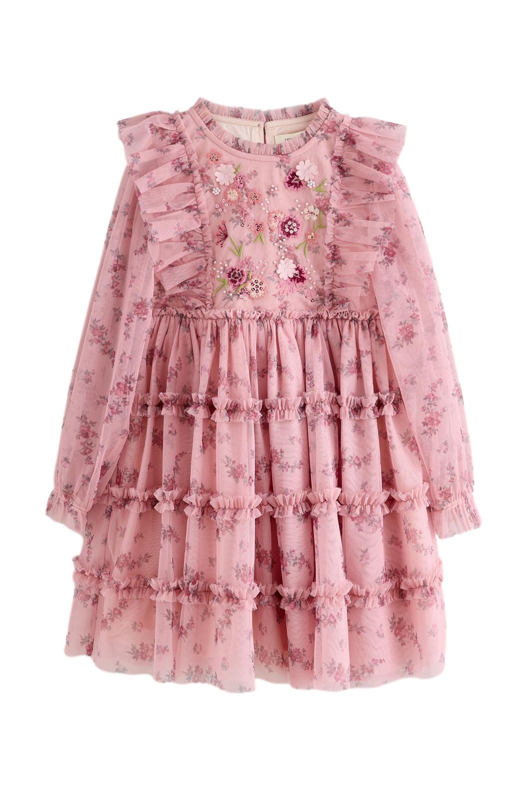 LAURA ASHLEY Tüllkleid Laura Ashley geblümtes Mesh-Kleid mit Stickerei (1-tlg)