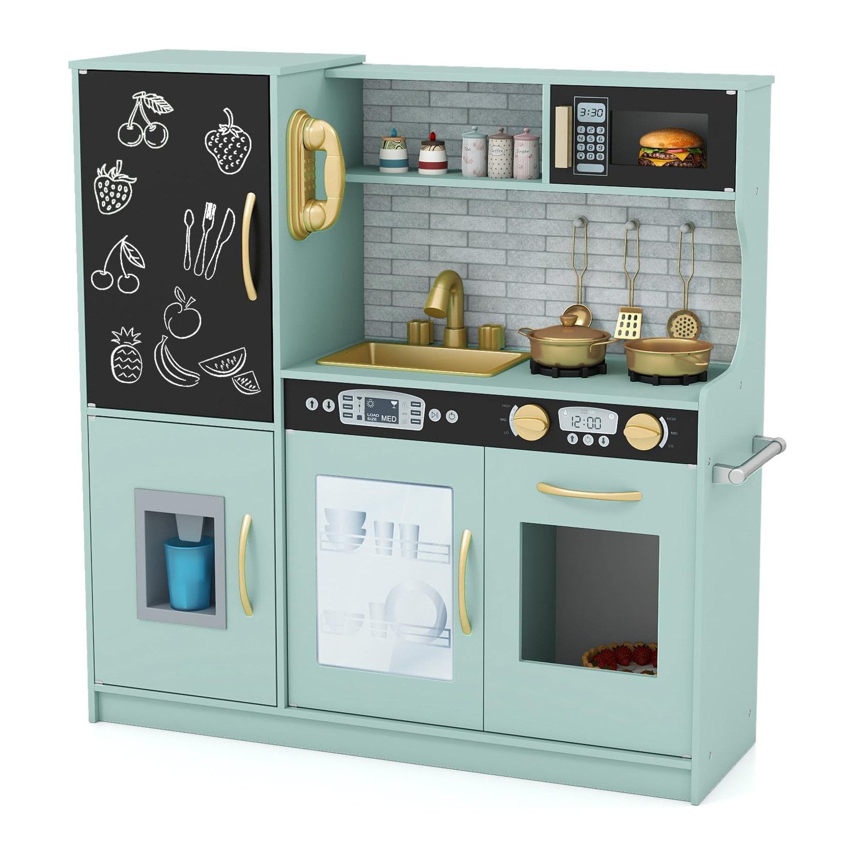 KOMFOTTEU Spielküche Kinderküche, mit Mikrowellen, Backofen, Wasserbecken, Kreidetafel & Eismaschine