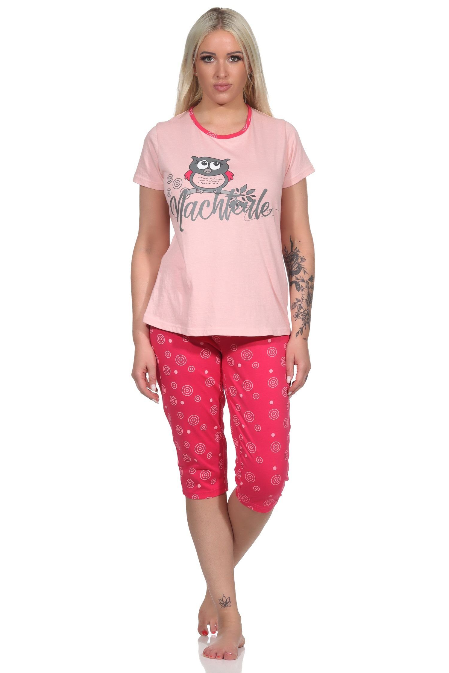 Normann Pyjama Damen kurzarm mit Schlafanzug Eulen-Motiv süßem rosa Capri "Nachteule"