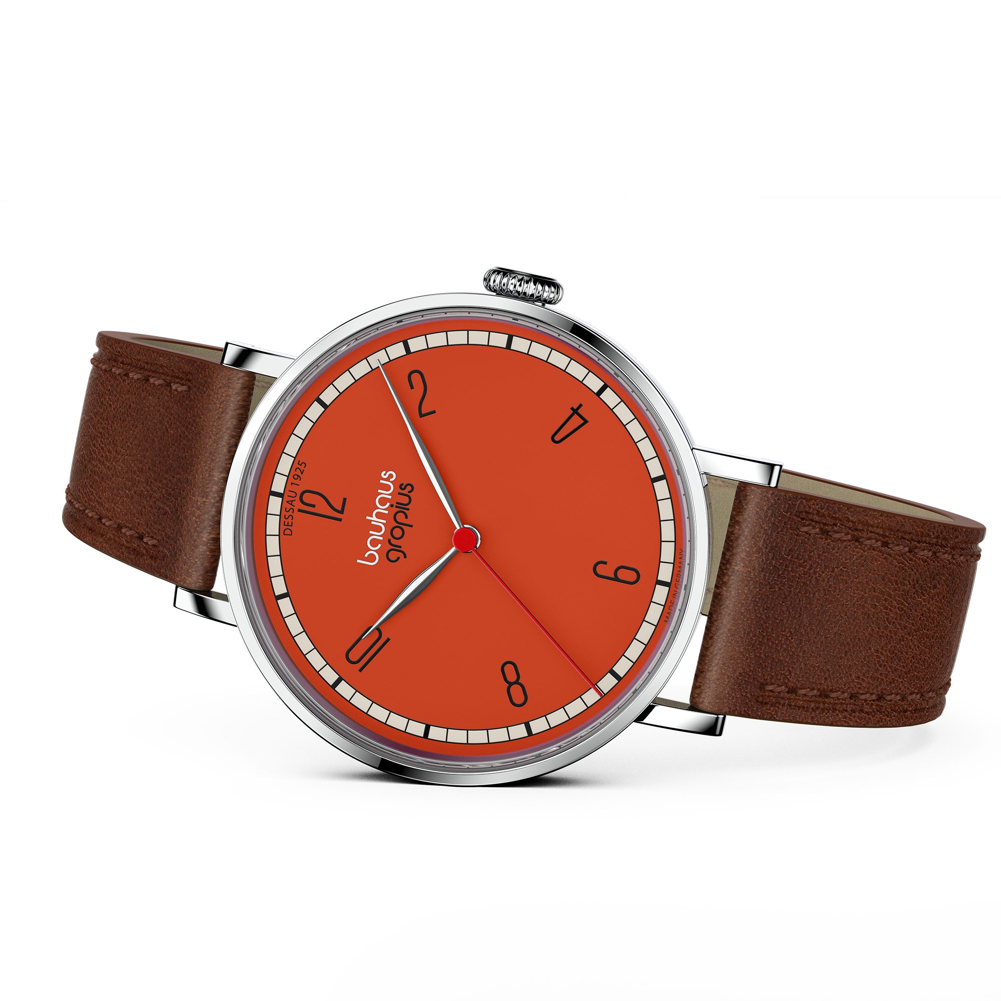 Walter Gropius Quarzuhr Made in Germany, Damenuhr, Herrenuhr, Unisex, Saphirglas - WGN 003-06, Armbanduhr, Lederarmband, Edelstahlgehäuse, New Bauhaus Dessau 1925