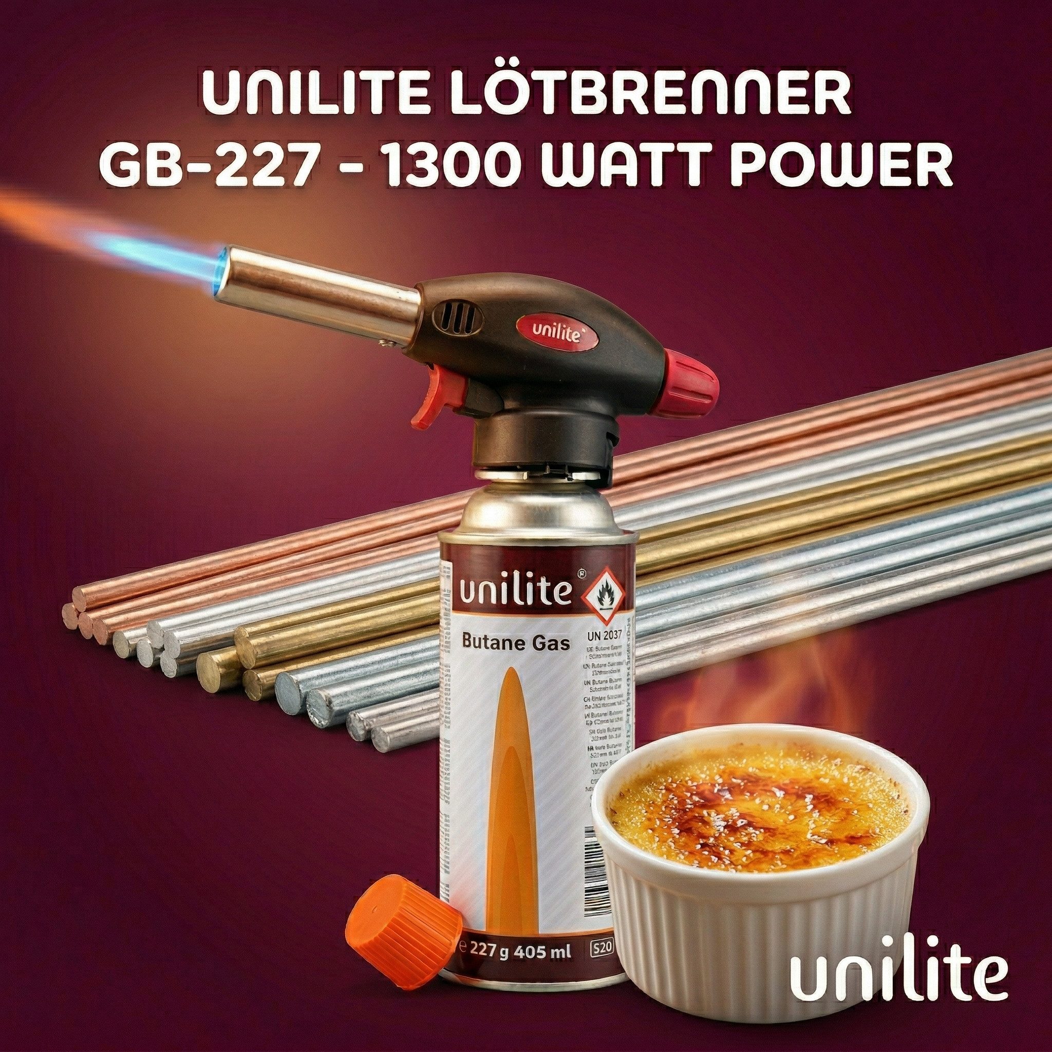 Unilite Flambierbrenner Gasbrenner Lötbrenner Set mit 2 x 227g Gaskartuschen, (3-tlg), 1300W, 1300°C, Piezozündung, MSF-1A-Kompatibel