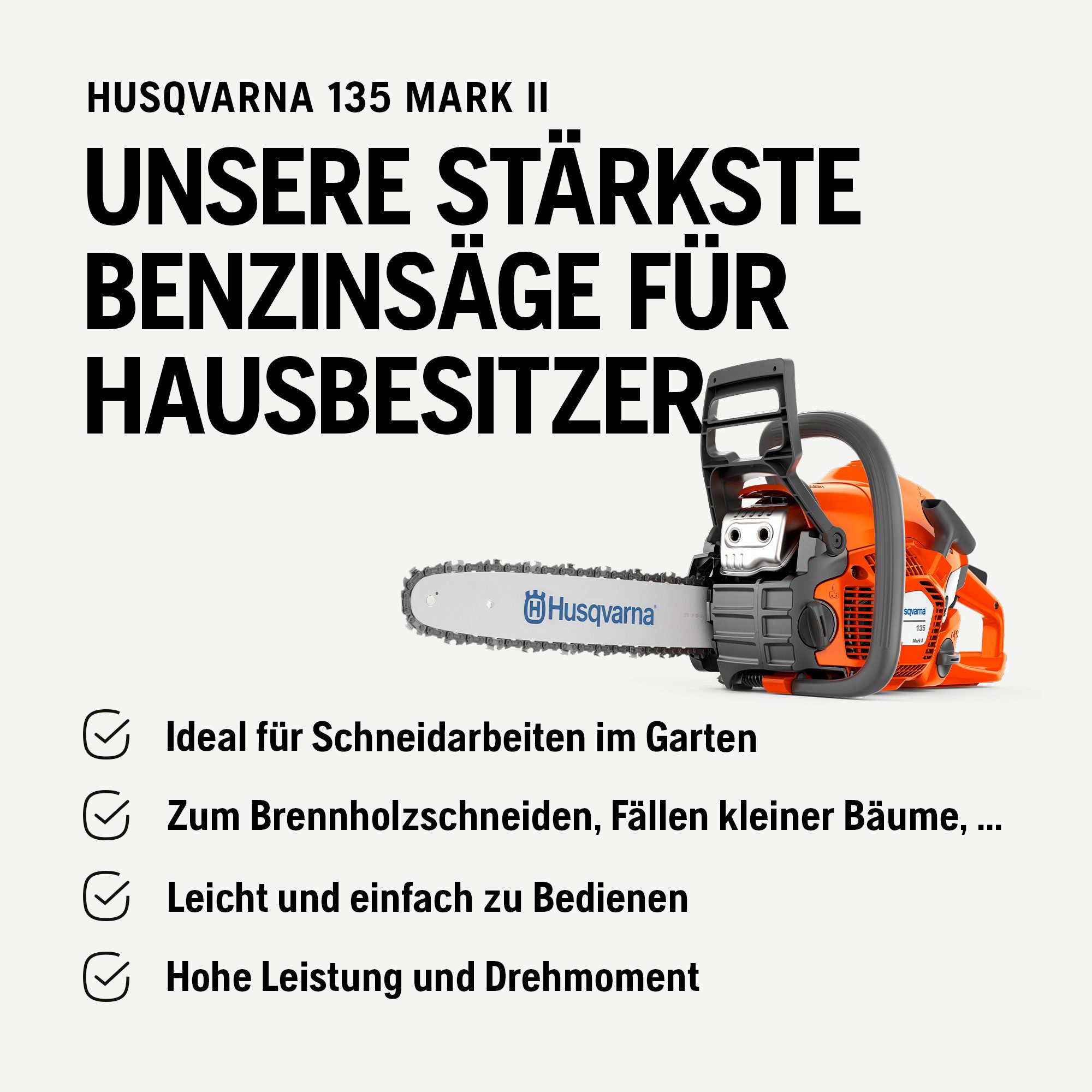 Husqvarna Benzin-Kettensäge 135 Mark II, 35 cm Schwertlänge, LowVib® Vibrationsreduzierung, Ideal für Garten & Brennholz, 38 cc X-Torq Motor, 14″-Schwert, LowVib, Smart Start, Air Injection