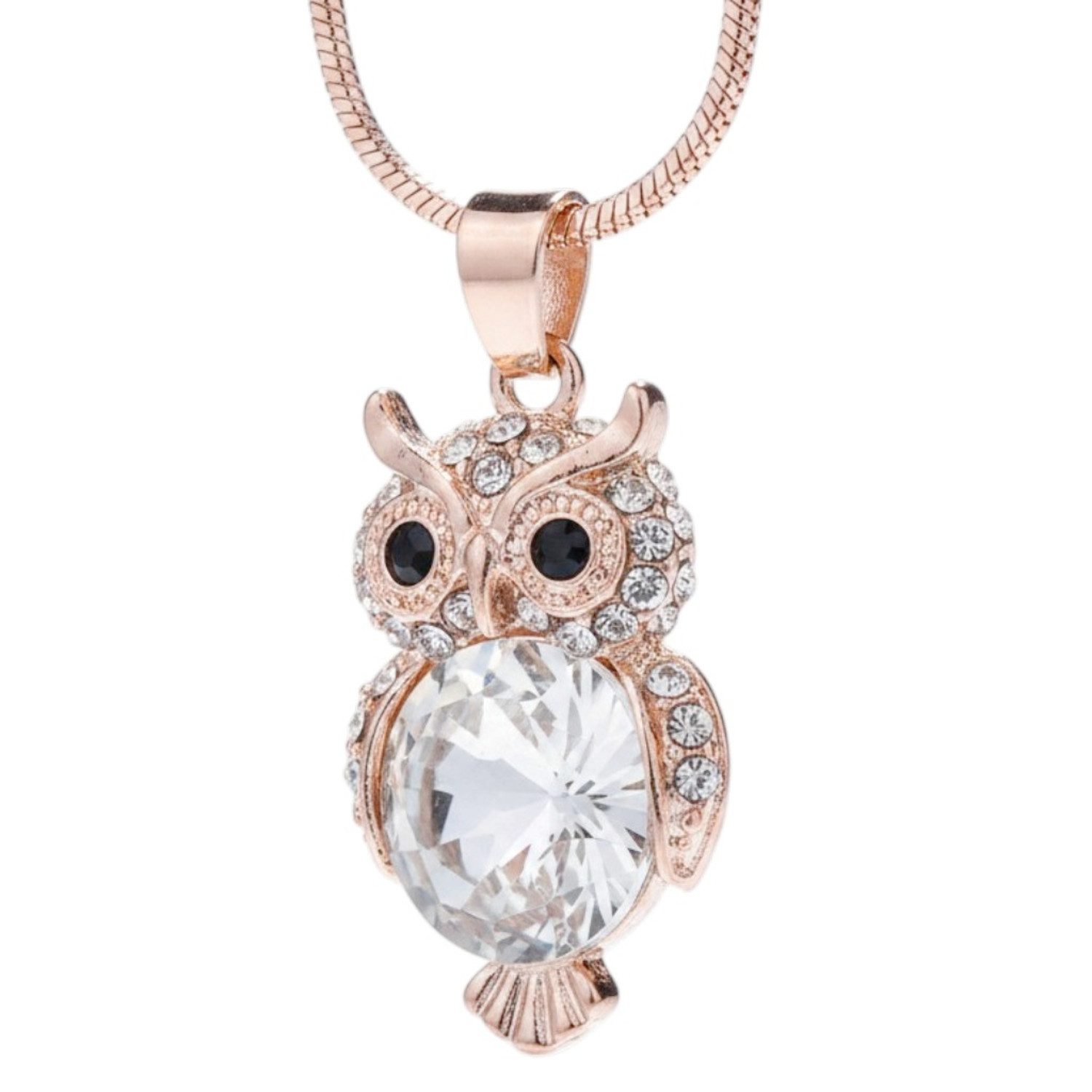 KARMA Kette mit Anhänger Eule Roségold, Silber od. Gold 47 cm Kristalle (1-tlg., Damenhalskette modern Geschenk für Frauen), Damen Eulenkette Halskette