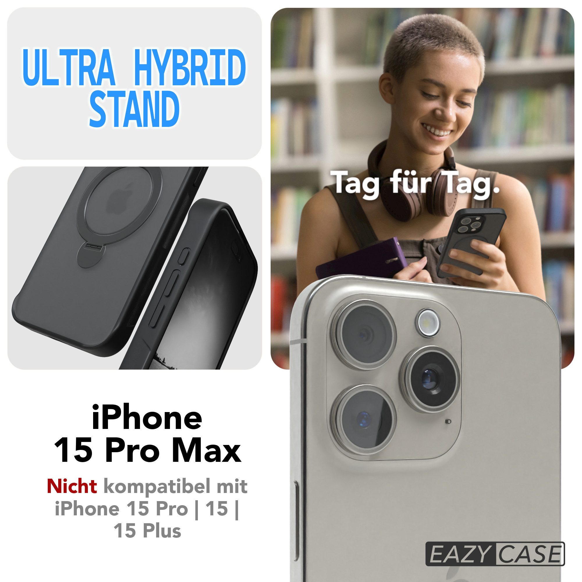 EAZY CASE Handyhülle Outdoor iPhone 15 Pro Max Case MagSafe Ring 6,7 Zoll, Outdoor Handy Hülle Bumper Schutzhülle Slim mit Kameraschutz Schwarz