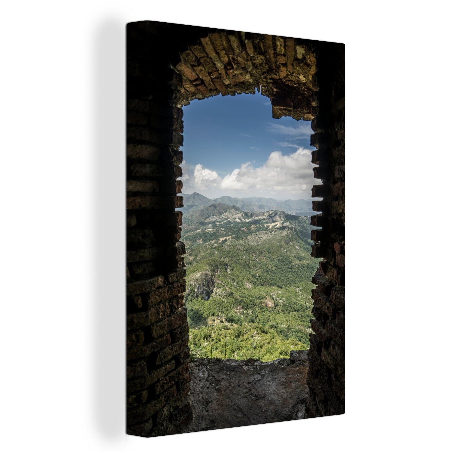OneMillionCanvasses® Leinwandbild Wunderschöner Blick aus einem Fenster der Festung Citadelle Laferrière, (1 St), Leinwandbild fertig bespannt inkl. Zackenaufhänger, Gemälde, 20x30 cm
