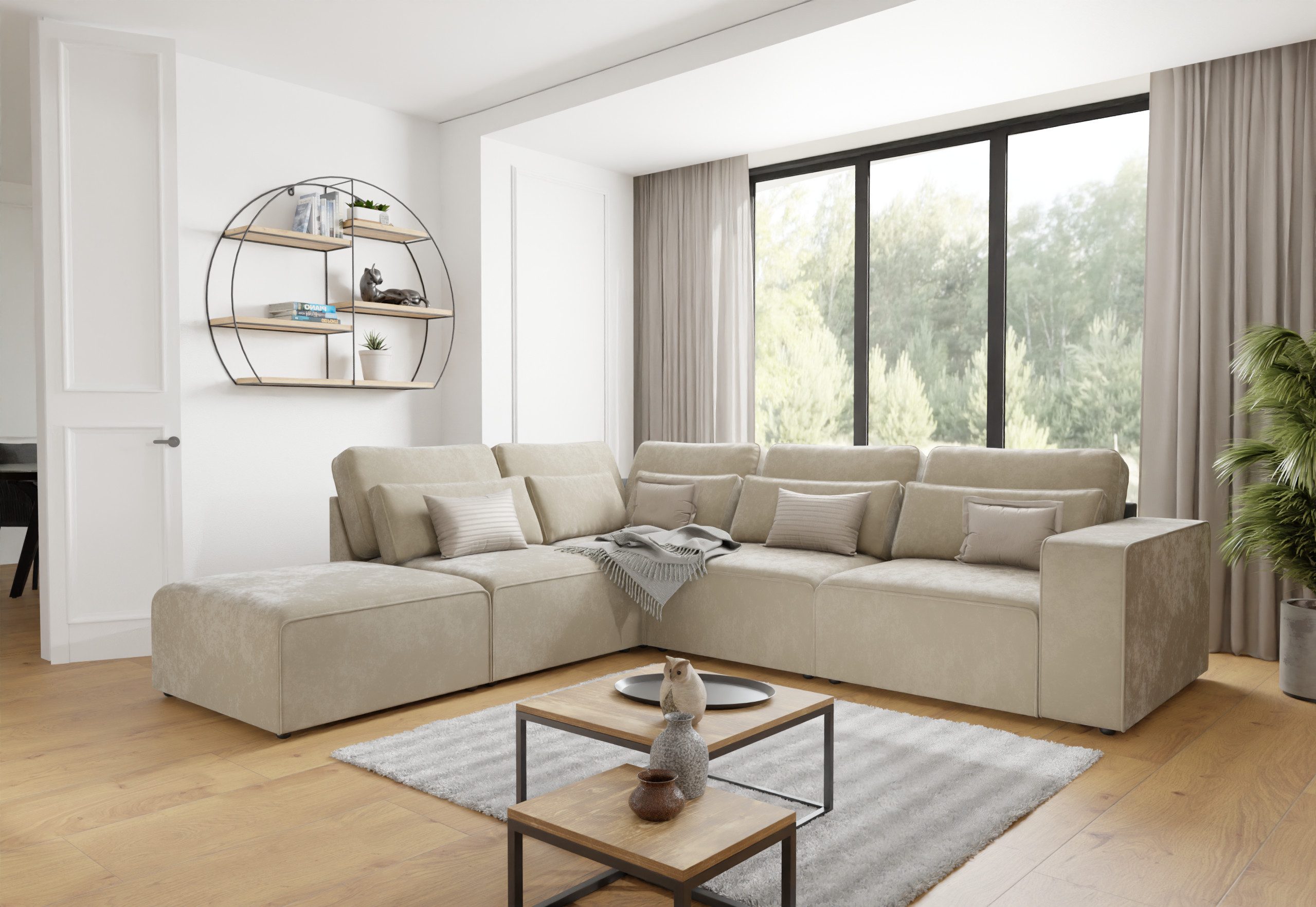 S-Style Möbel Ecksofa Hedwig, Modulare Ecksofa in Samt-Stoff mit Rücken und Lendenkissen, mit Wellenfederung