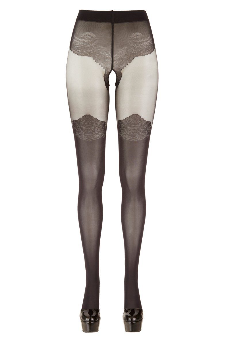Cottelli Collection Feinstrumpfhose Ouvert Strumpfhose mit Spitze offener Schritt - schwarz (1 St) transparent