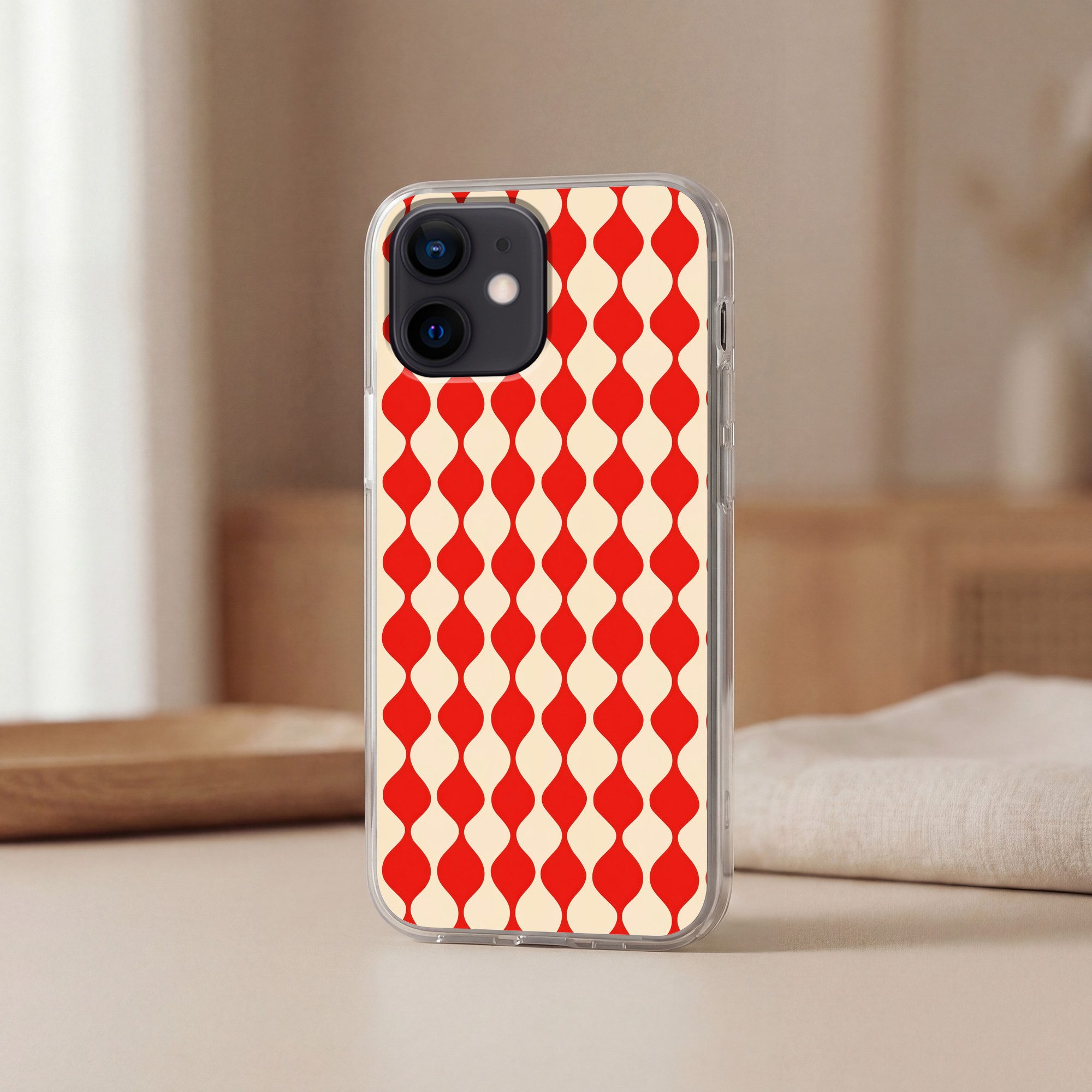 MuchoWow Handyhülle für Apple iPhone 12 Mini Wellenförmiges Muster - Retro - Rot - Beige, Smartphone-Bumper, Print, Handy Schutzhülle Dünn