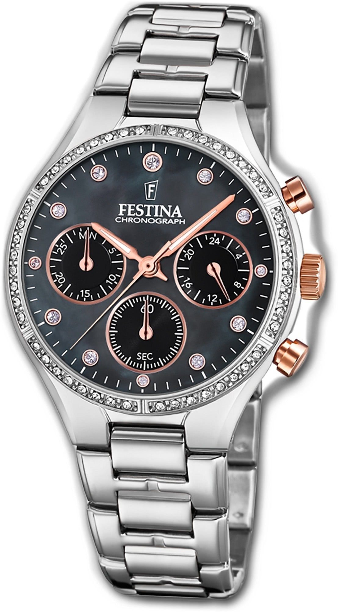 Festina Damenuhr silber, Damen (ca. Edelstahlarmband rund, Edelstahl Festina Uhr, Chronograph mittel 36mm)