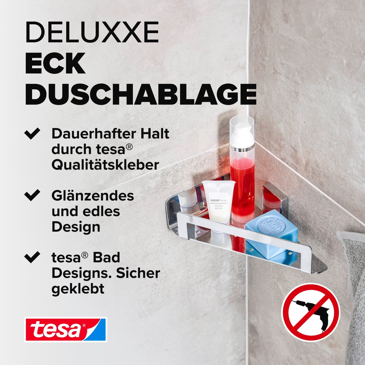 tesa Duschablage DELUXXE Duscheckkorb ohne Bohren - 5,5 cm : 22,1 cm : 14,7 günstig online kaufen