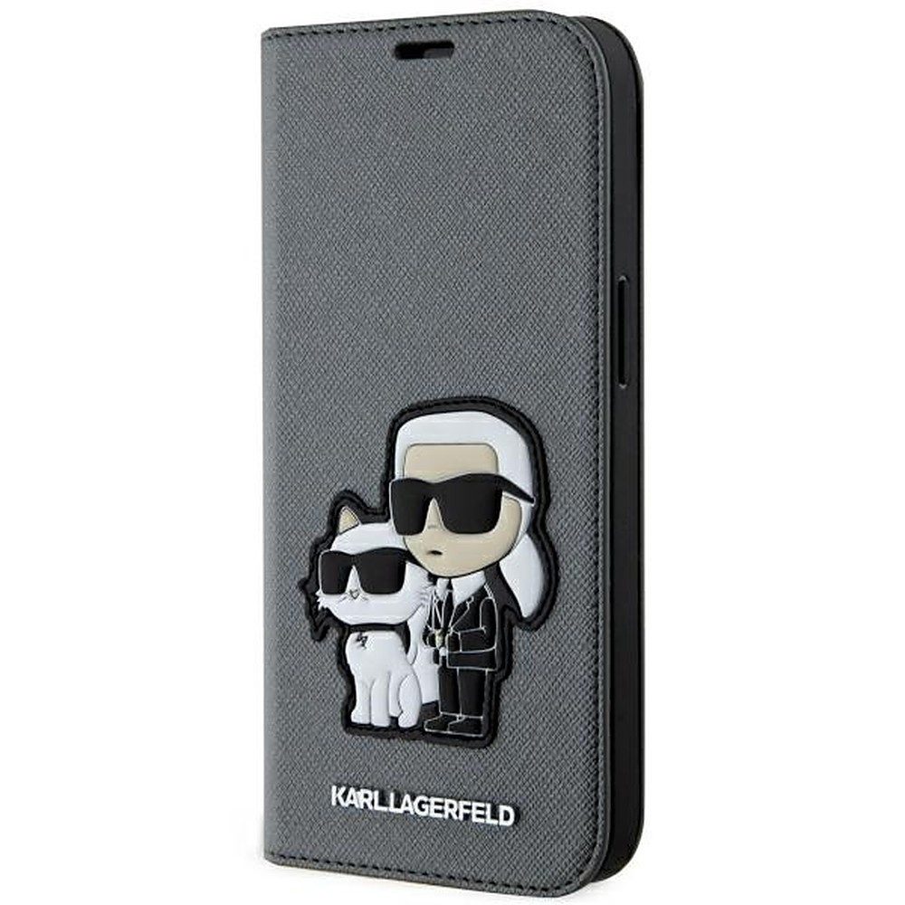 KARL LAGERFELD Handyhülle Klapphülle Schutztasche Kartenfach 6,1 Zoll, Standfunktion, 3 Kartenfächer, Saffiano-Optik