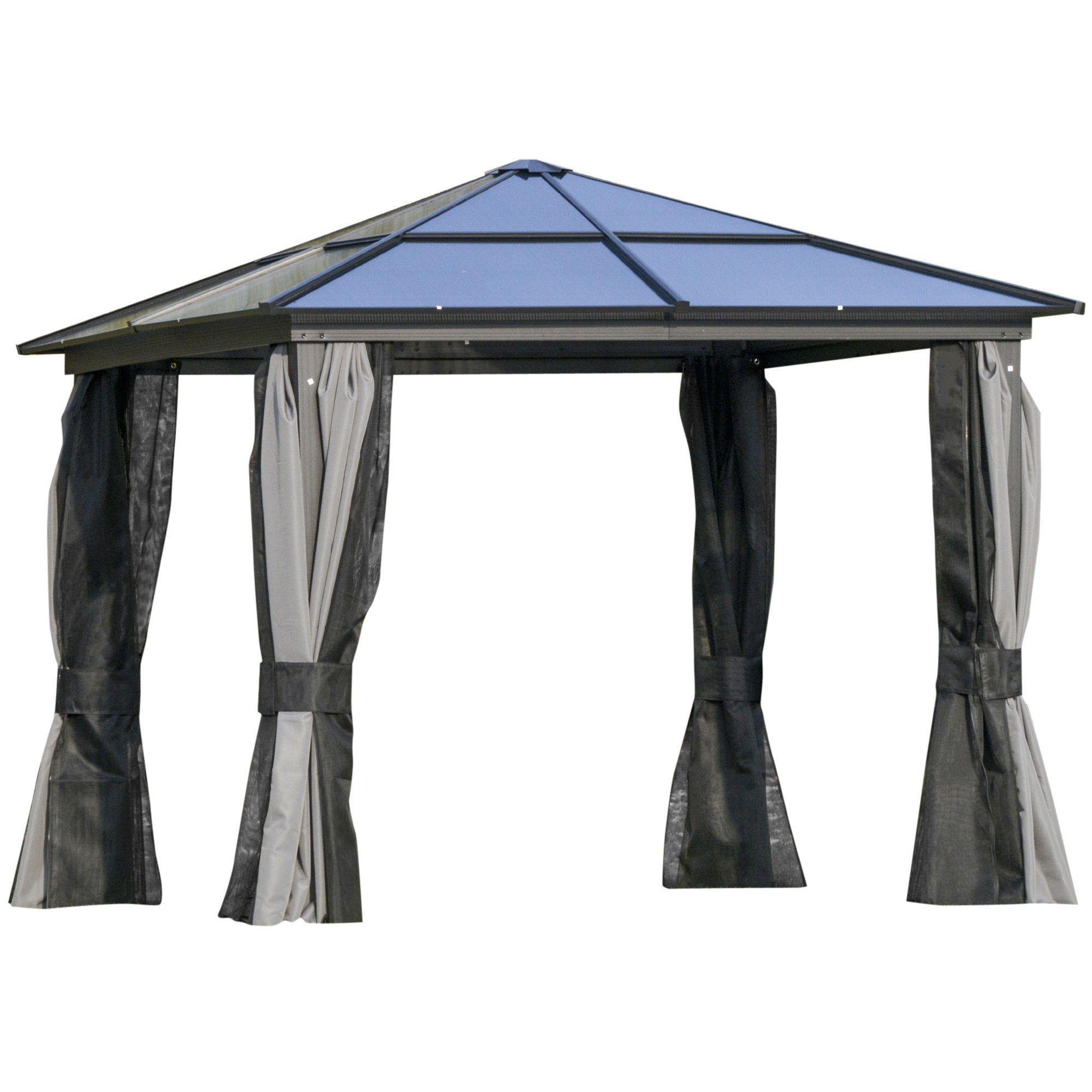 Pavillon mit Polycarbonatdach, Vorhänge mit Fliegennetz