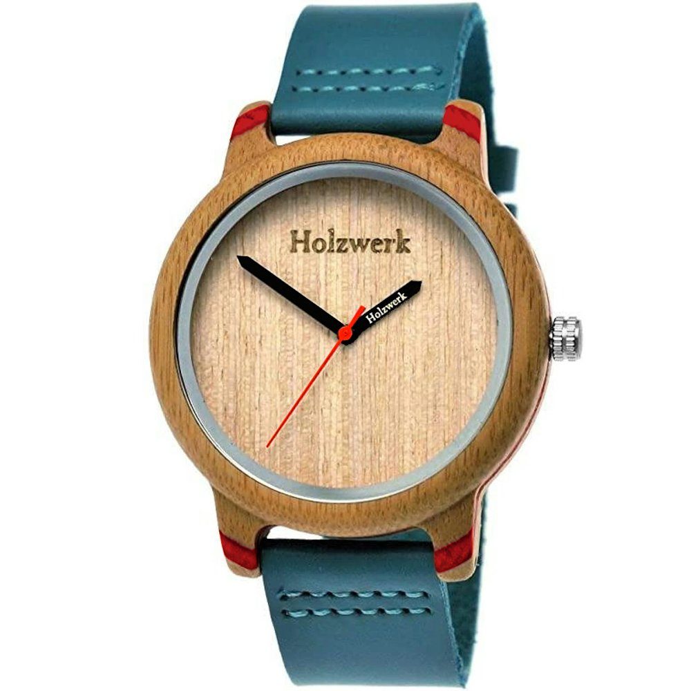 Holzwerk Quarzuhr & Damen Uhr blau Leder ELSTRA beige, in rot türkis & Holz Armband