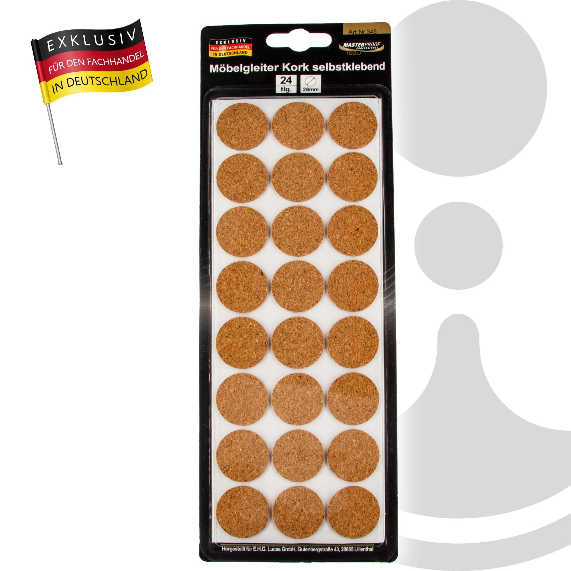 MASTERPROOF PROFESIONAL Filzgleiter Möbelgleiter Ø 28 mm, Kork, selbstklebend 24 Stück