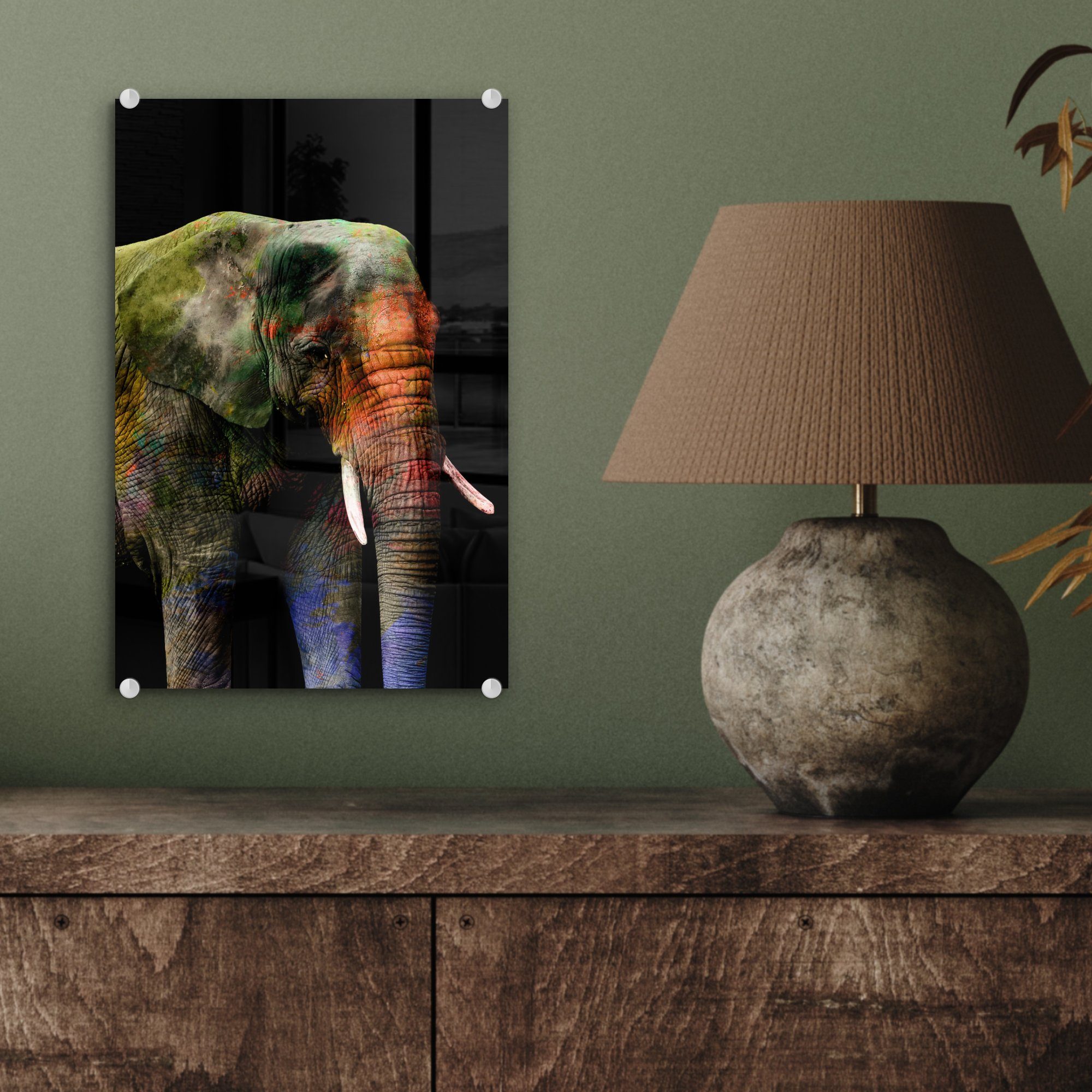 MuchoWow Acrylglasbild Schwarz, Glas auf Foto auf - - Wanddekoration bunt Wandbild Farbe - - Elefant Glasbilder Glas (1 St), - Bilder