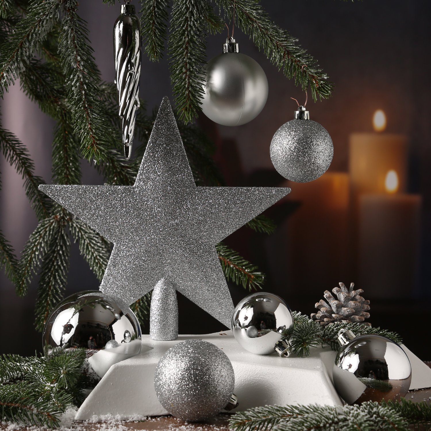 MARELIDA Weihnachtsbaumkugel Weihnachtskugeln mit 33er St) silber (33 bruchfest Set Baumspitze Stern