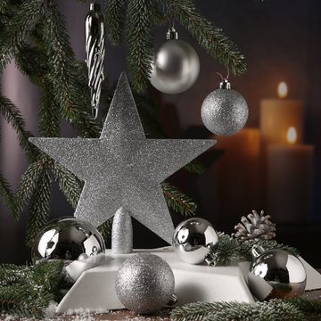 MARELIDA Weihnachtsbaumkugel Weihnachtskugeln mit Stern Baumspitze bruchfest silber 33er Set (33 St)